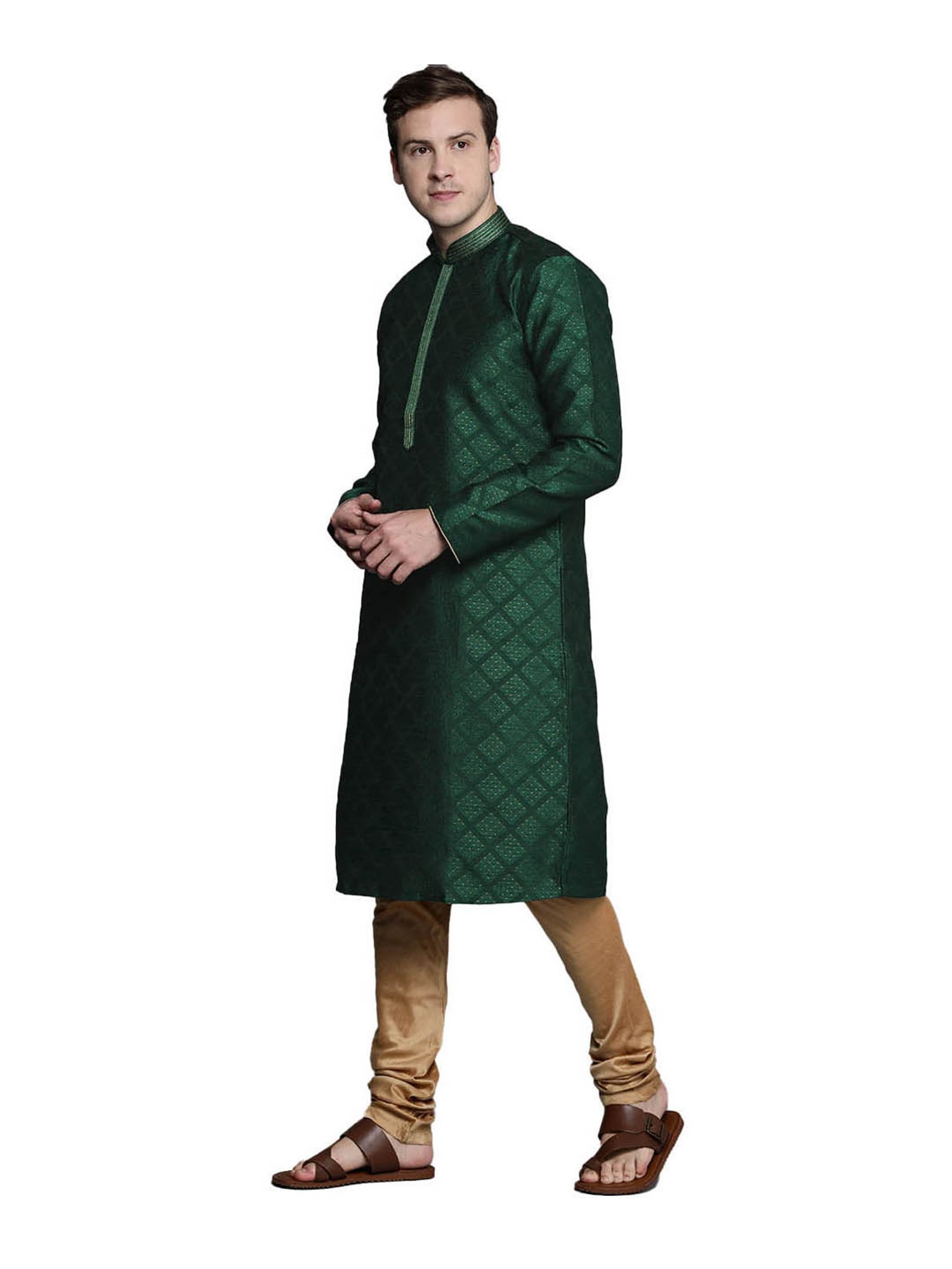 Manyavar Bottle Green & Beige Jacquard Kurta With Churidar Set