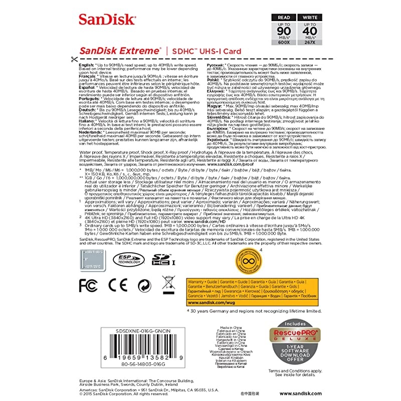 16GB Extreme SDHC UHSI Memory Card 90MBs C10 U3 V30 4K UHD SD Card SDSDXNE016GGNCIN