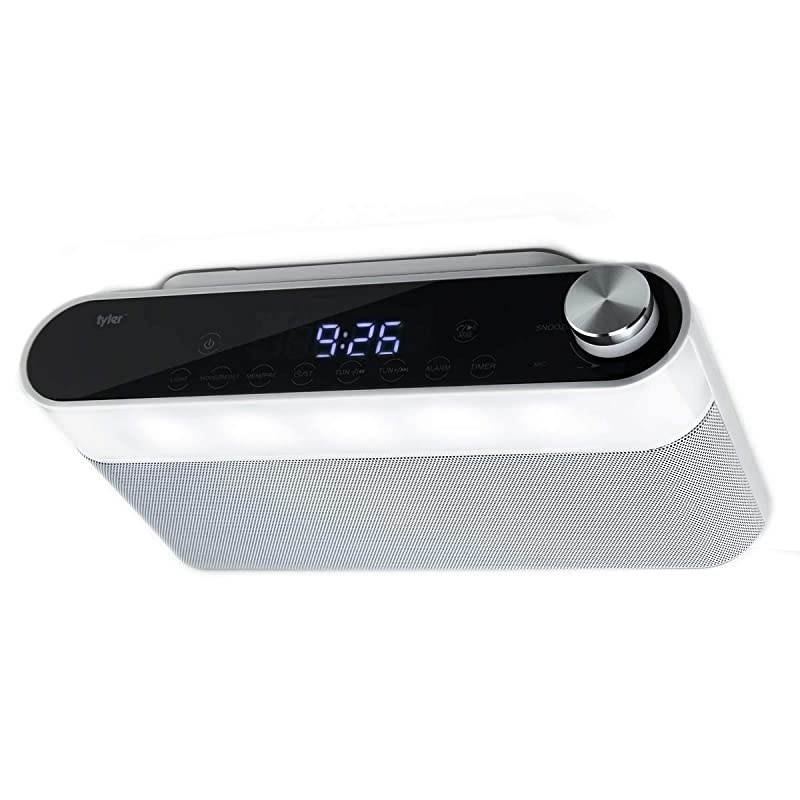 Bluetooth Under The Cabinet Universal Wireless Music System, Kitchen Clock Radio, FM Radio, Digital Clock, Hands Free Speakerphone, LED Work Surface Lighting - White (TKS2-WH)