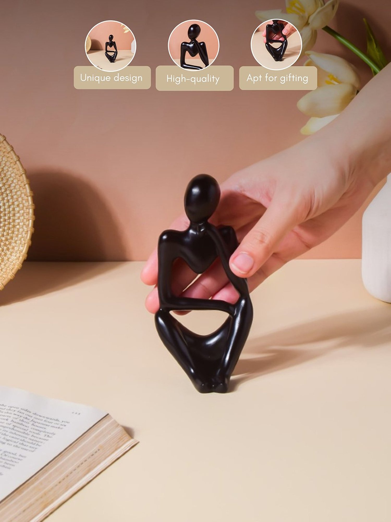 Nestasia Black Resin Smooth Finish left hand Thinking Human Sculptures for Decoration (5.1 Inch)