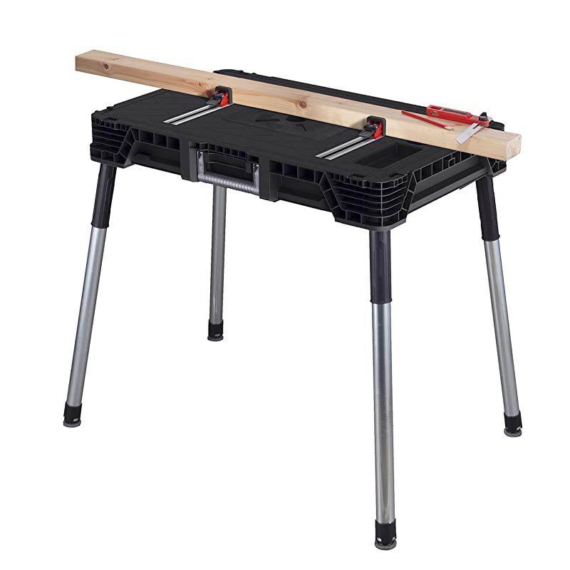 Jobmade Portable Work Bench and Miter Saw Table for Woodworking Tools and Accessories with Included Wood Clamps Removable Table Legs for Easy Garage Storage