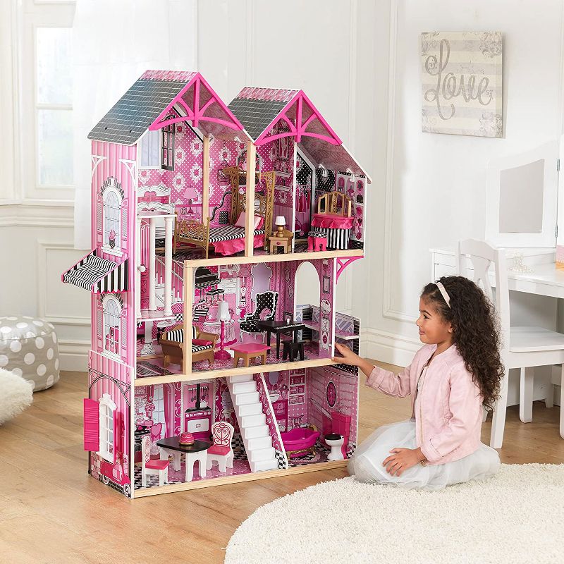 KidKraft 65944 3 Level Wood Constructed Bella Dollhouse with 16 Different Fun Accessories Recommended for Kids Ages 3 Years and Up, Pink