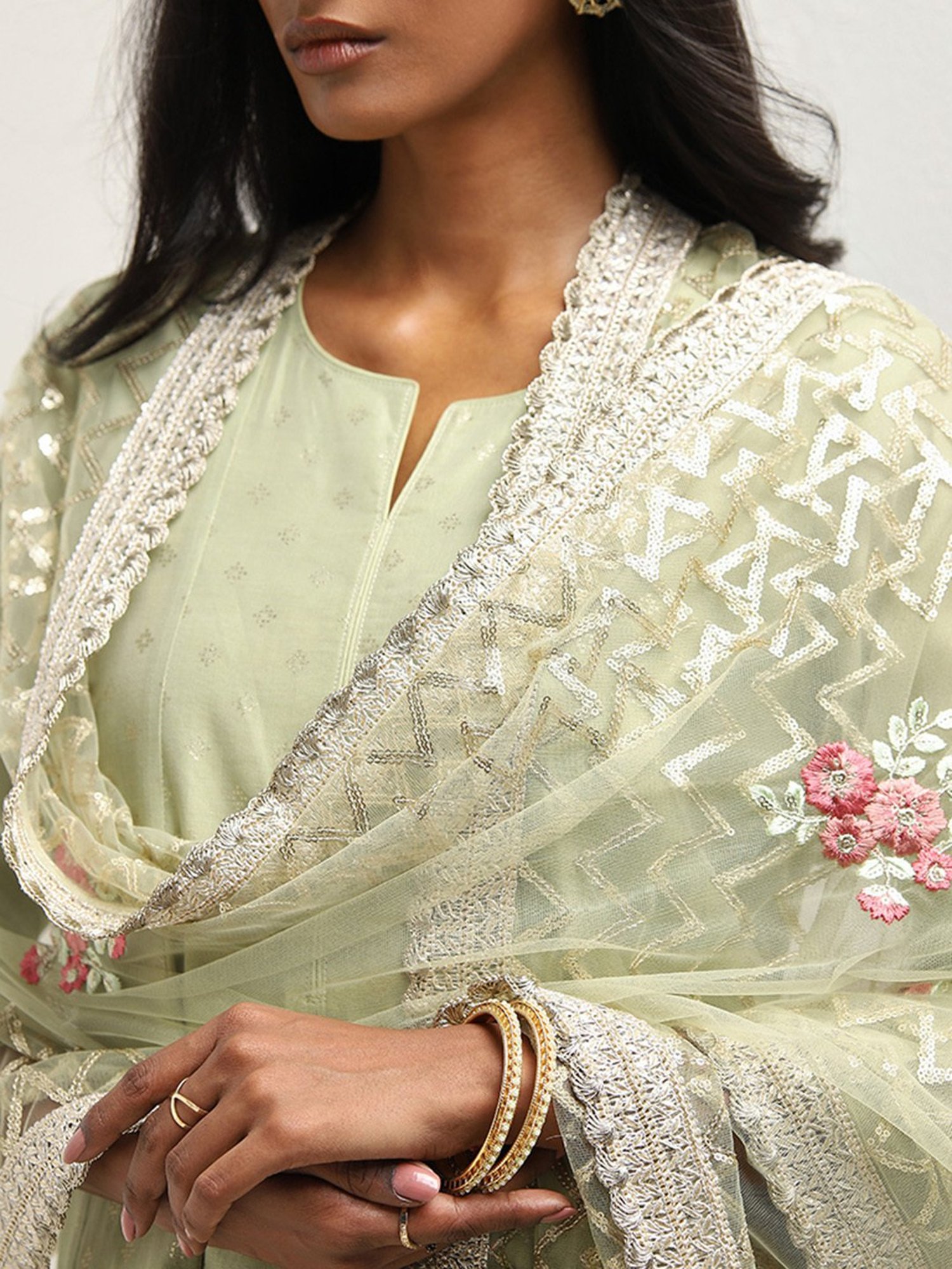 Vark by Westside Sage A-Line Kurti, Mid-Rise Palazzos & Dupatta Set