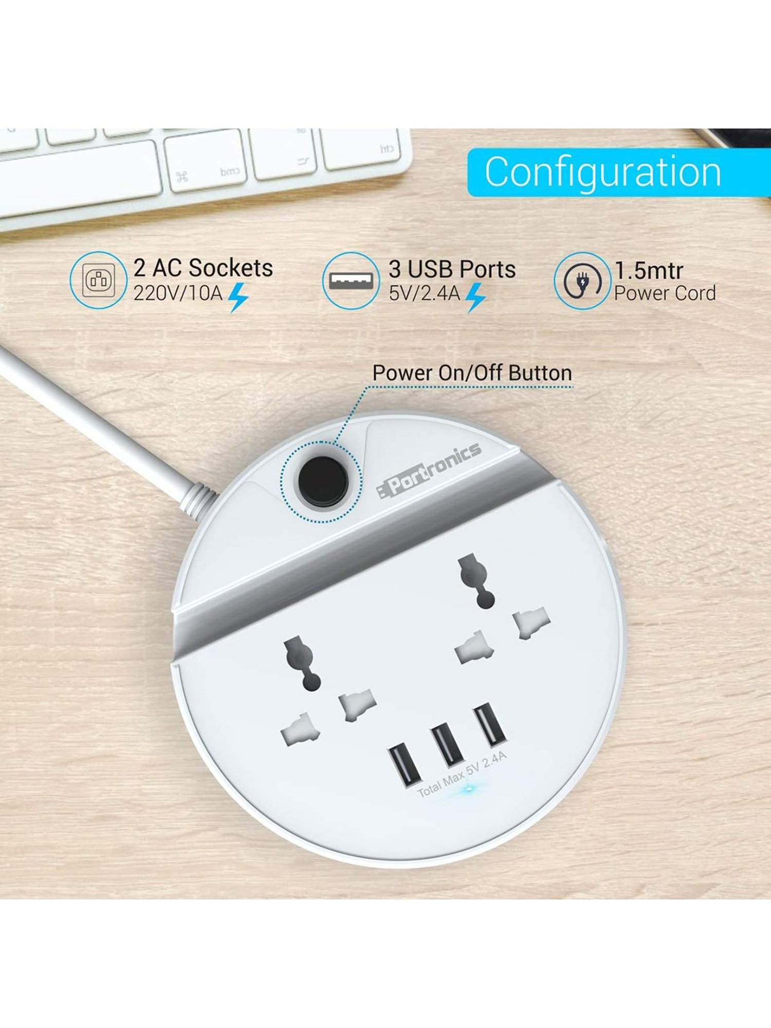 Portronics Power Bun POR 739 5 Sockets Surge Protector (White)