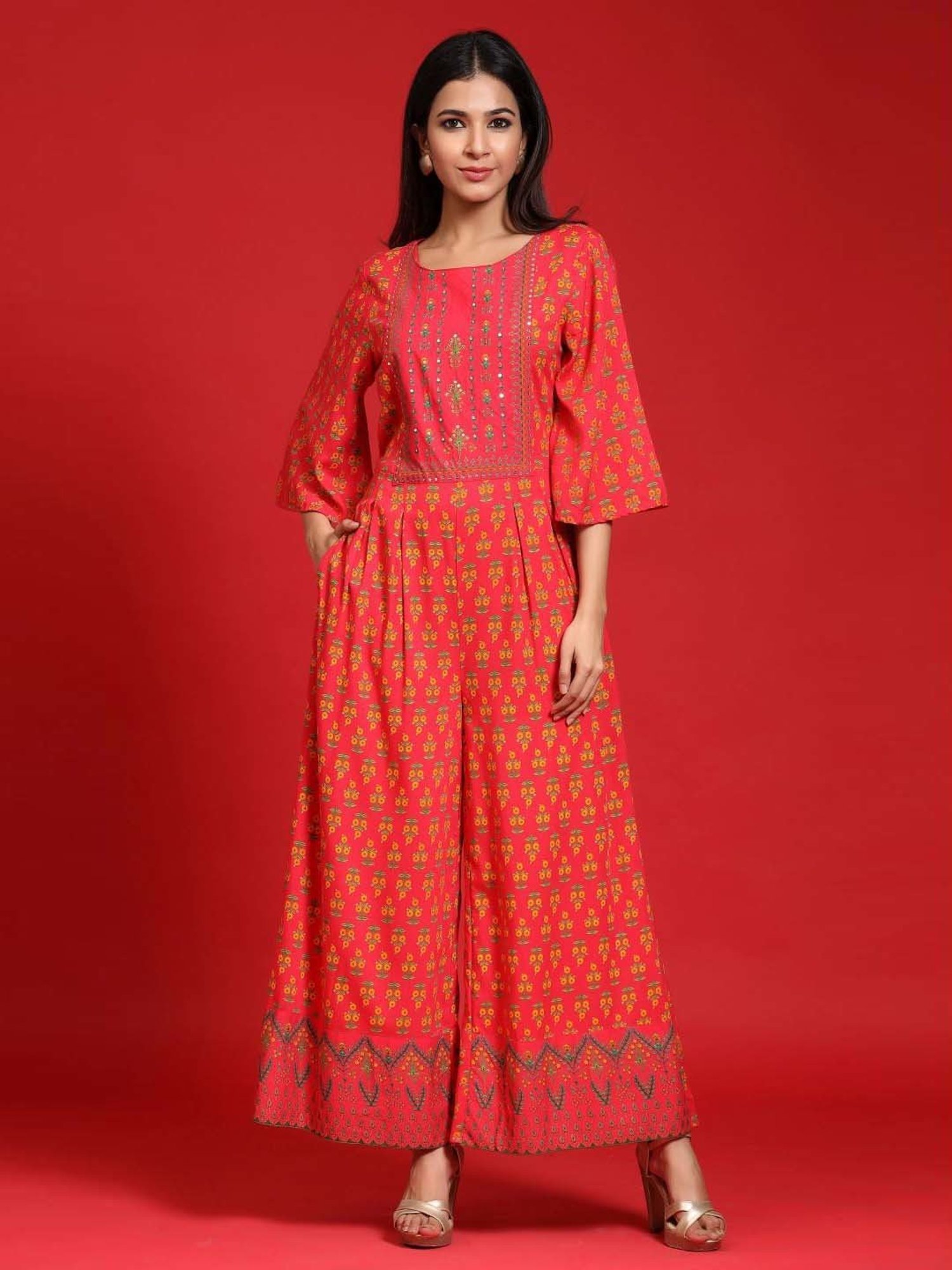 Juniper Coral Ethnic Motif Printed Rayon Flared Jumpsuit
