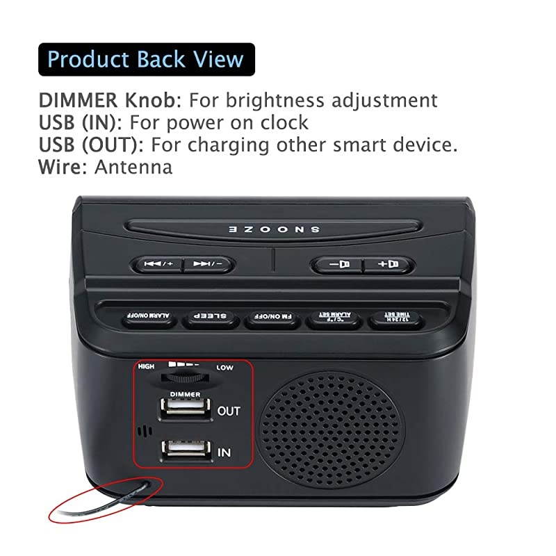 Decent Alarm Clock Radio with FM Radio USB Port for Charging 12 Inch Blue Digit Display with Dimmer Temperature Display Snooze Adjustable Alarm Volume Sleep Timer