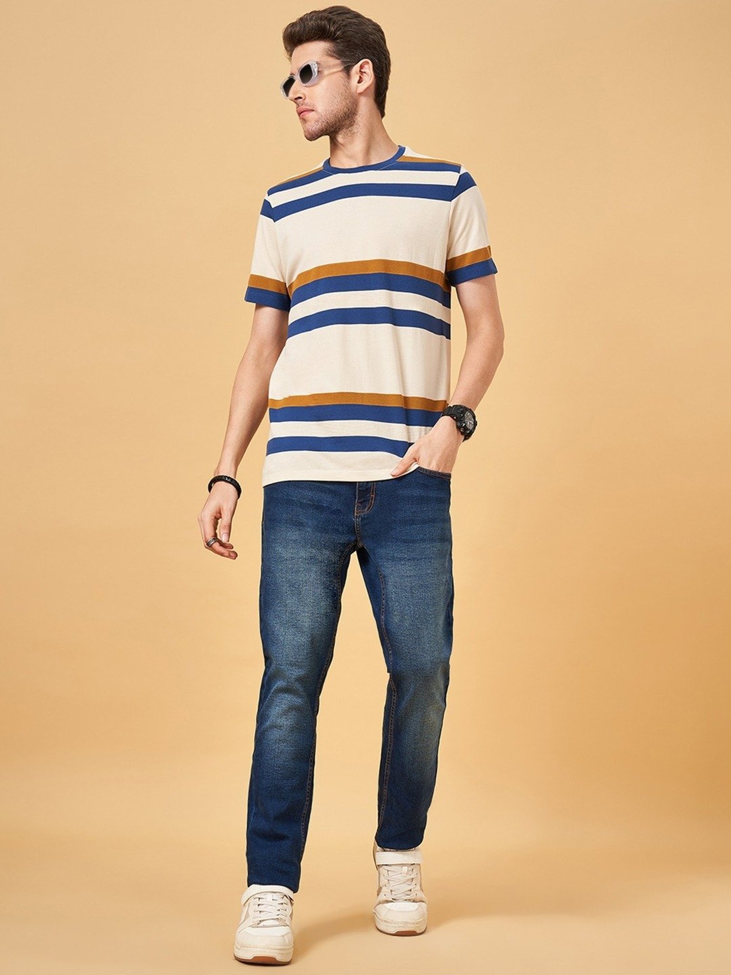 SF Jeans by Pantaloons Mustard Cotton Slim Fit Striped T-Shirt