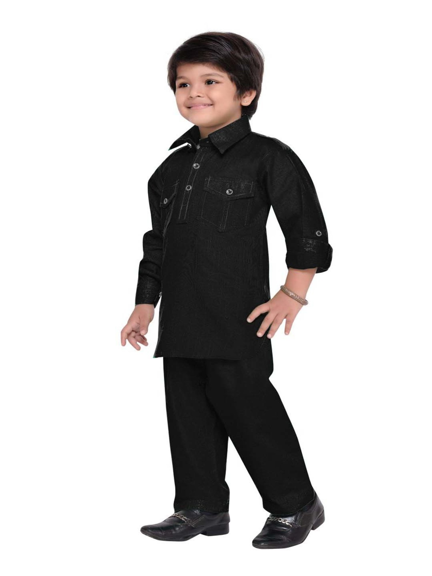 AJ Dezines Kids Black Regular Fit Full Sleeves Kurta Set