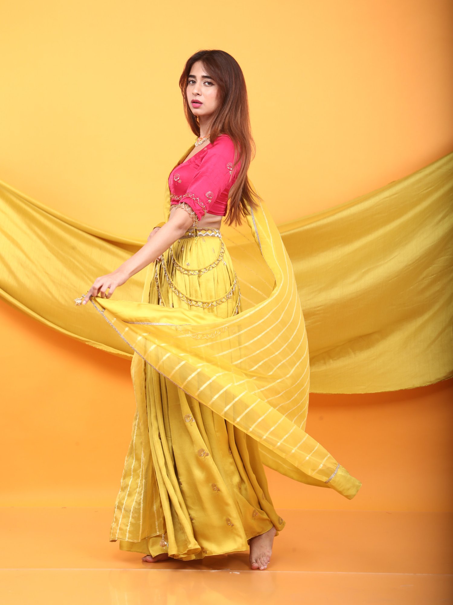 Monk & Mei Gulkari Lehenga and Blouse Set-Fuchsia Pink & Canary Yellow