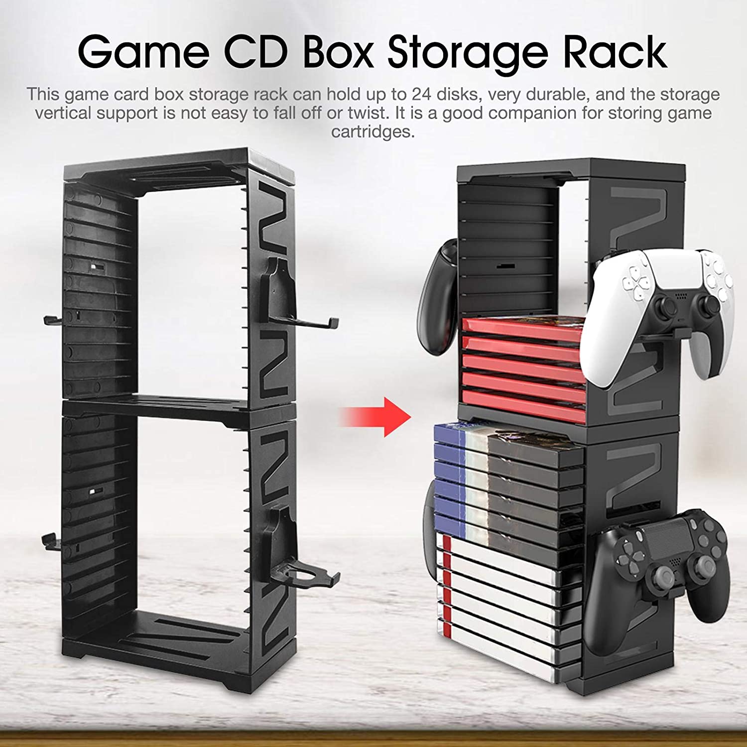 Supicity Games Storage Tower for PS5, Double-Layer Game Card Box Storage Stand for PS4 / PS5 / Xbox One / Xbox One X, Game Disk Rack Controller Organizer/Headset Stand Holder, Hold Up to 24 Disks