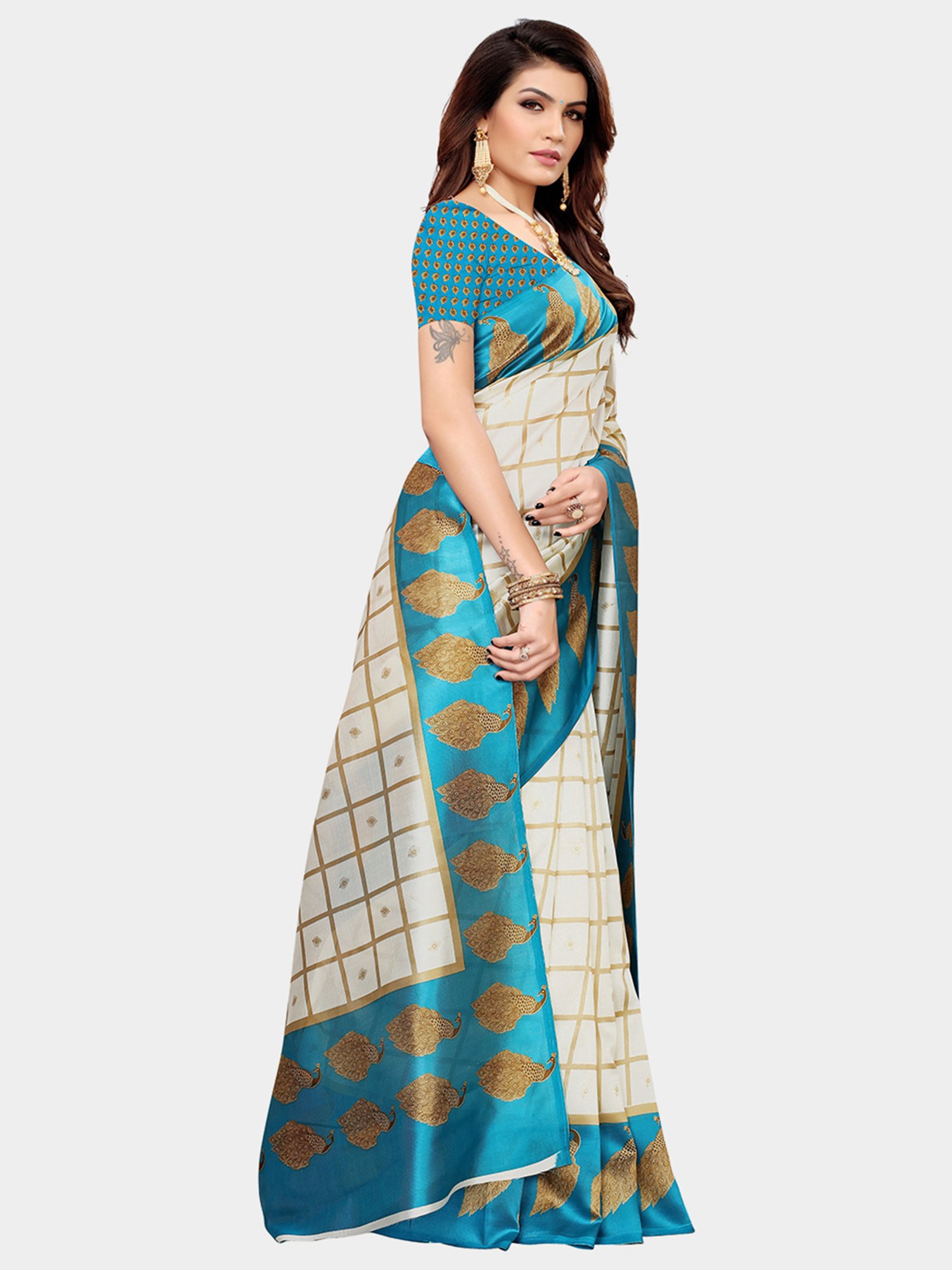 KSUT Blue & Beige Check Saree With Blouse