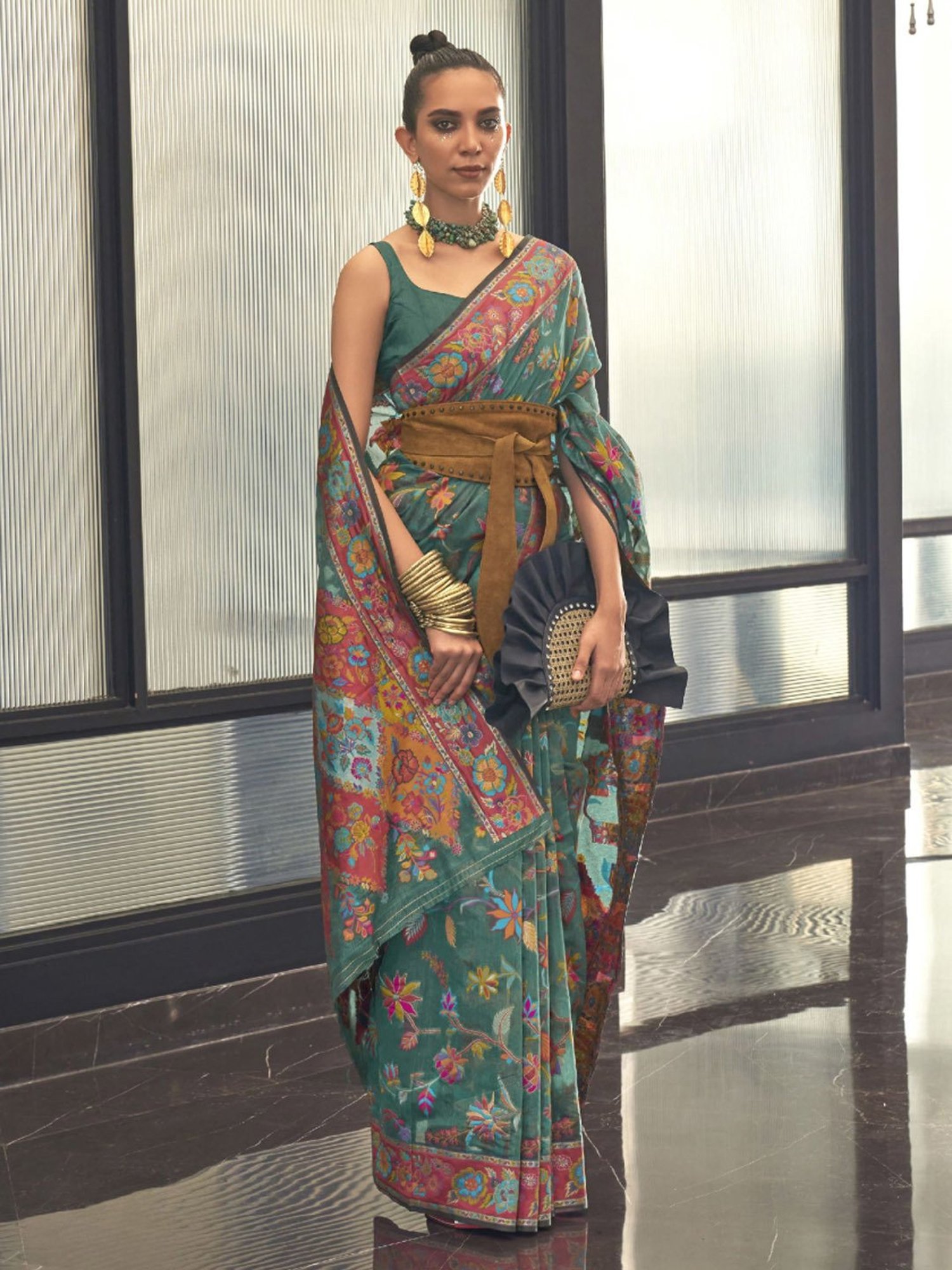 Elora Teal Green Silk Woven Saree With Unstitched Blouse