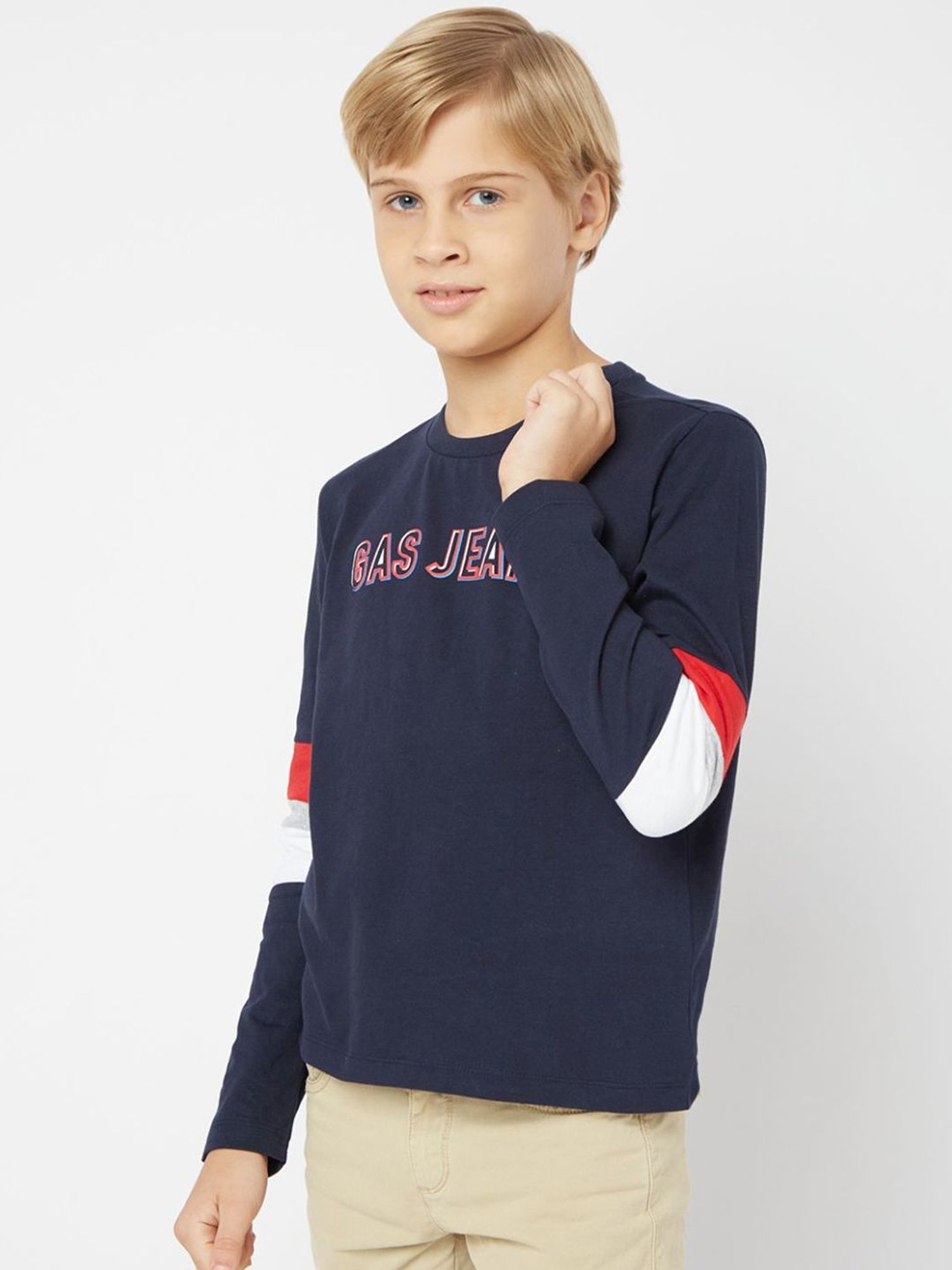 GAS Boys Navy Cotton Printed Full Sleeves T-Shirt