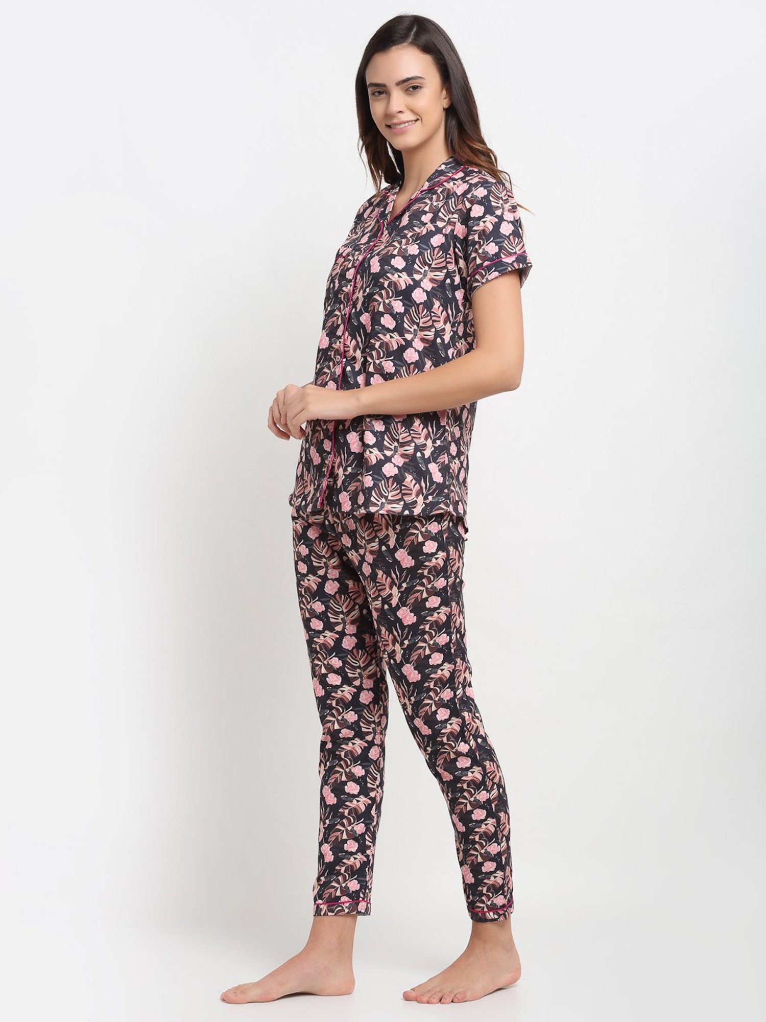 Erotissch Grey & Pink Floral Print Shirt Pyjama Set