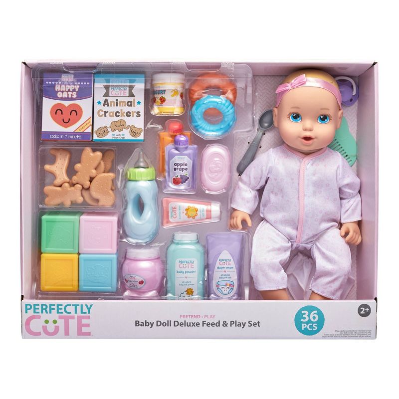 Perfectly Cute Baby Doll Deluxe 36pc Feed & Play Set - Blonde with Blue Eyes