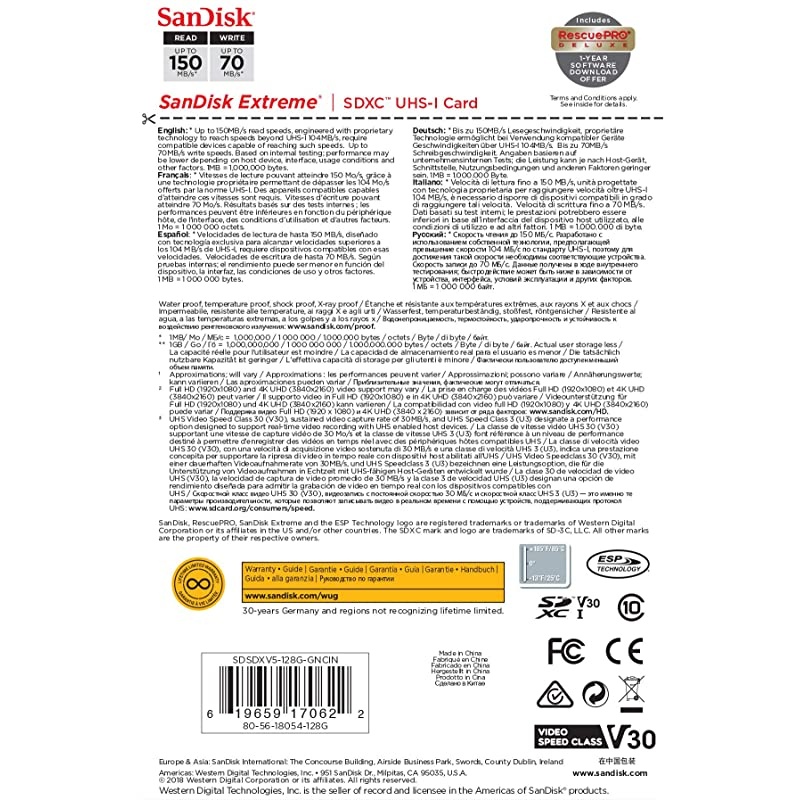 128GB Extreme SDXC UHS-I Card - C10, U3, V30, 4K UHD, SD Card - SDSDXV5-128G-GNCIN