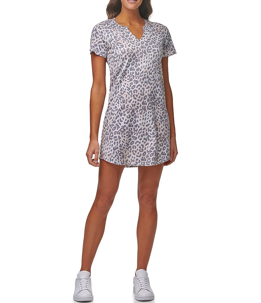 Marc New York Performance Split Neck Leopard Print T-Shirt Dress