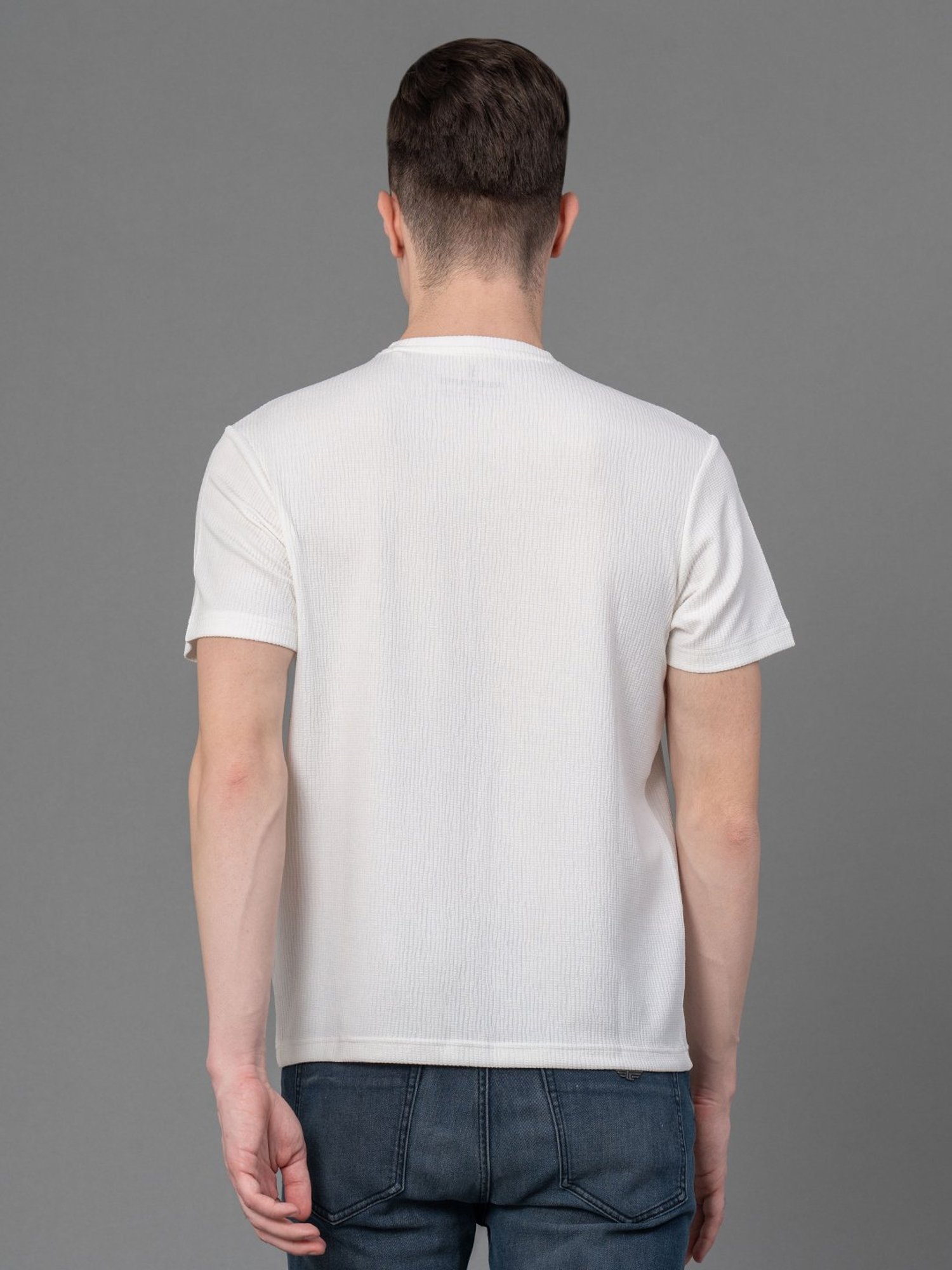 Red Tape White Regular Fit Self Design Crew T-Shirt