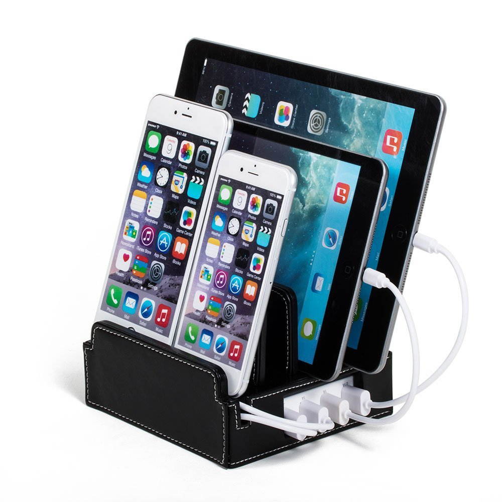 Compact Universal Desktop Cell Phone & Tablet/eReader/Kindle Charging Station, with Set of Cable Ties. Multiple Finishes Available - Black Leatherette