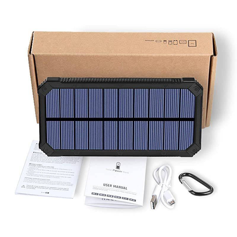 Solar Charger,  15000mAh Portable Solar Power Bank with Dual USB Output Ports, Solar Phone Charger External Battery Pack with 6 LED Flashlight Light for iPhone, iPad, Android and More (Black)