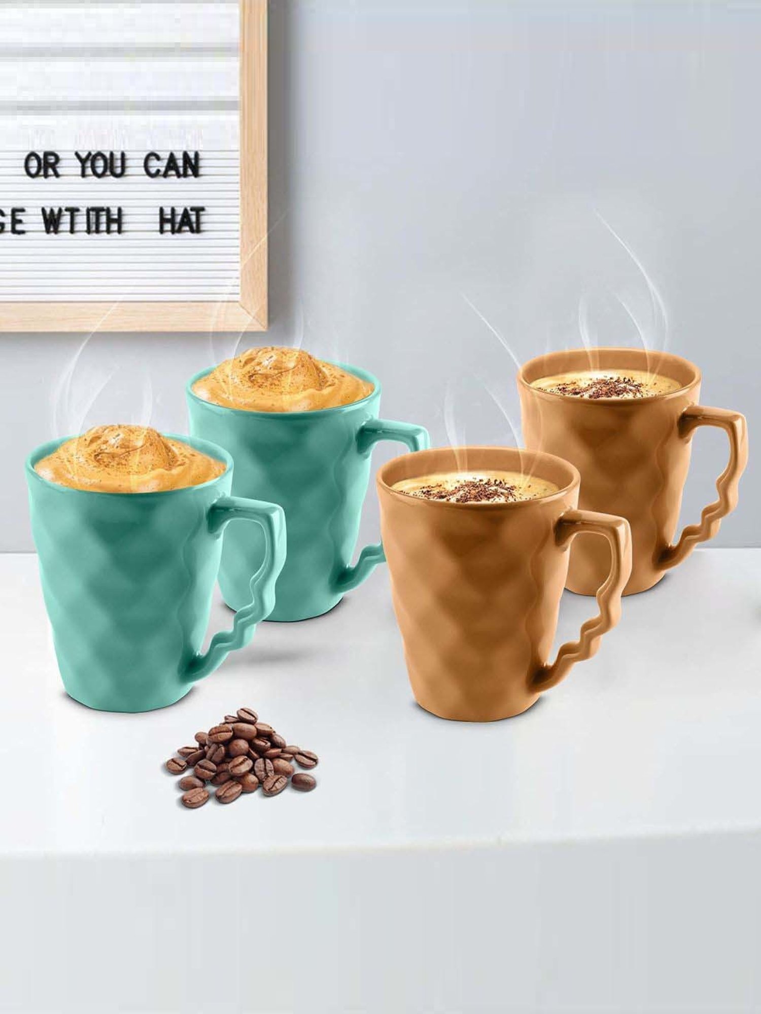 Urban Chef Brown & Blue Ceramic Microwave Safe Coffee Mug (0.225 L) - Set of 4