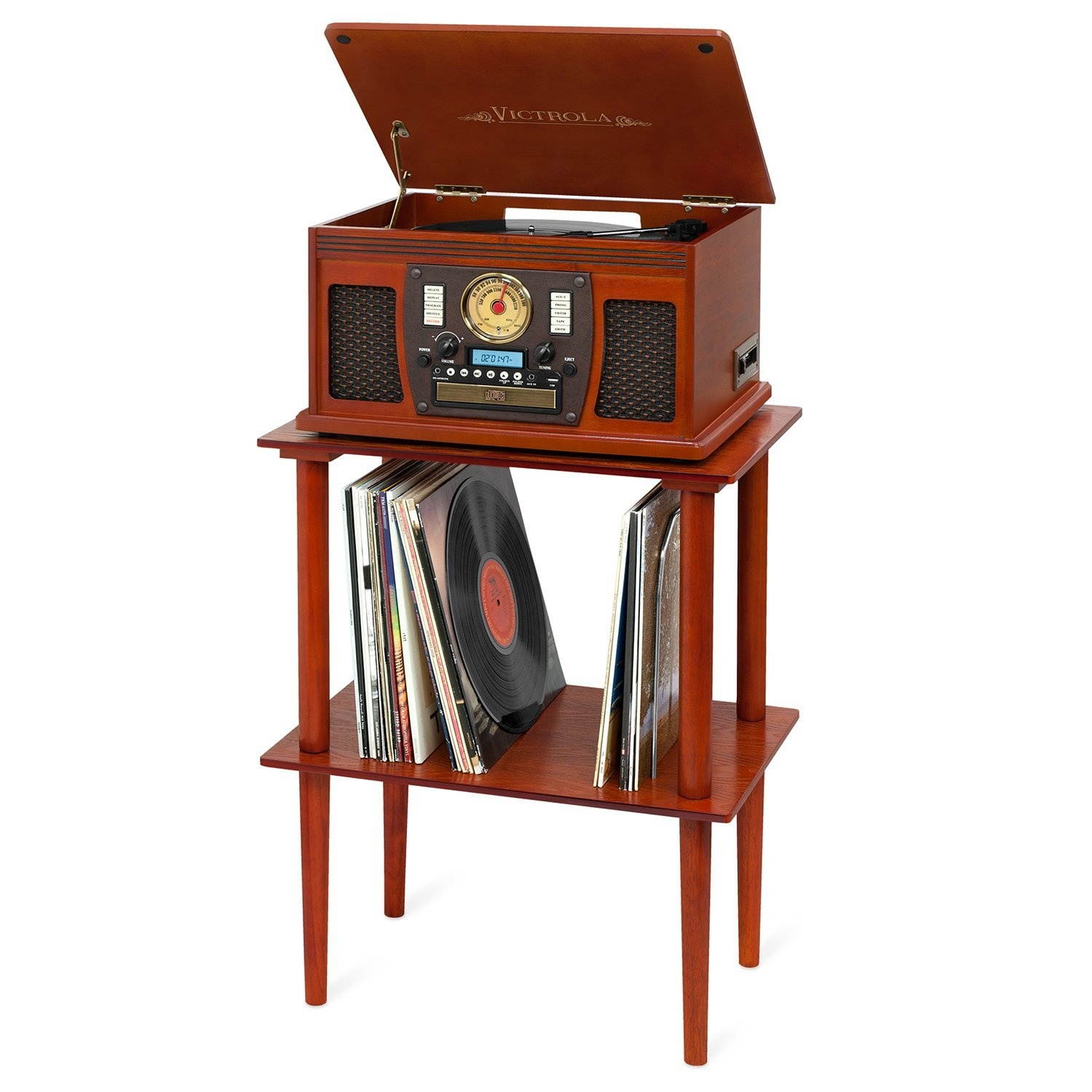 Victrola Navigator 8-in-1 Classic Bluetooth Record Player with USB Encoding and 3-Speed Turntable Bundle with Victrola Wooden Stand for Wooden Music Centers with Record Holder Shelf, Mahogany