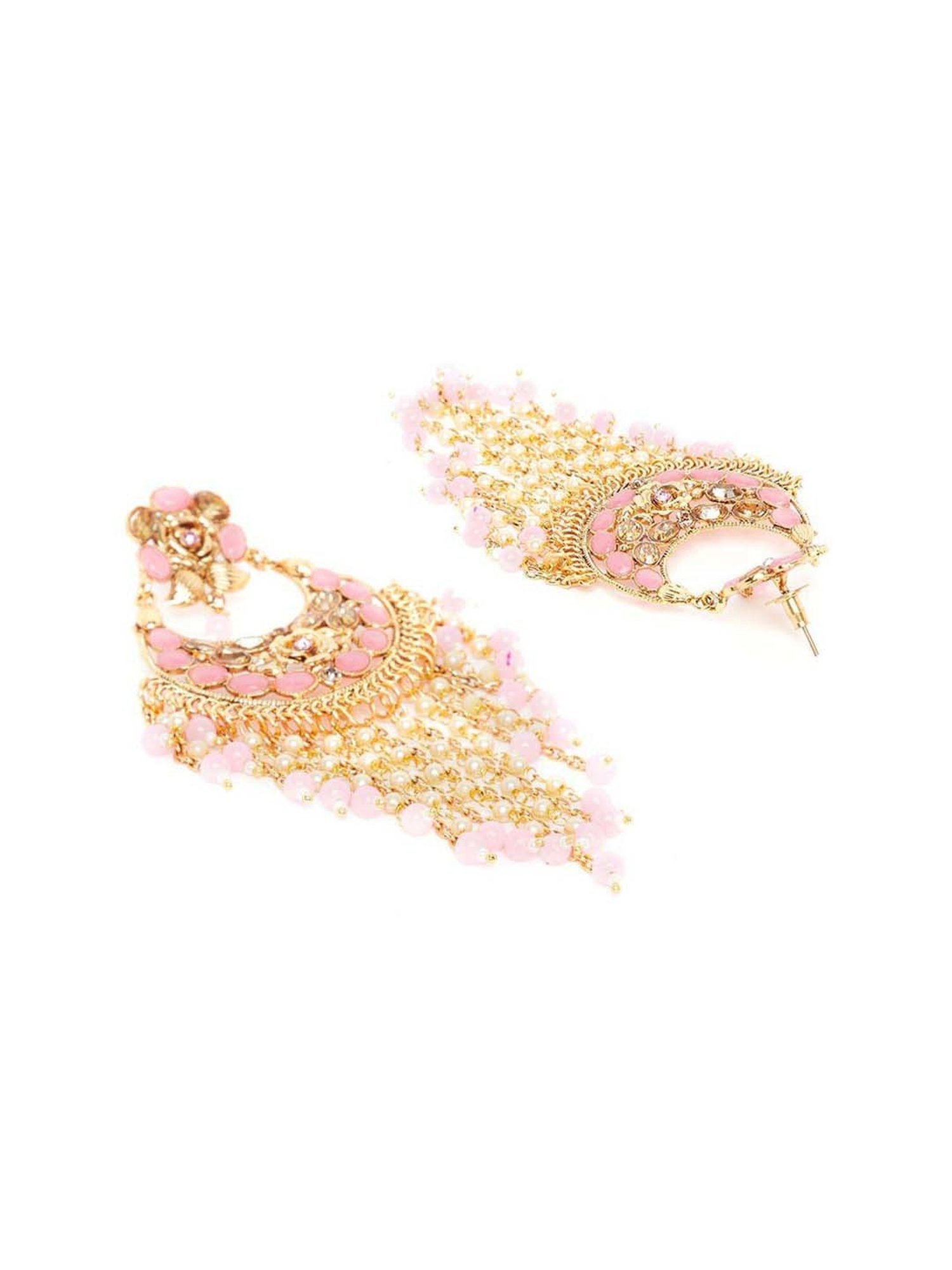 Panash Gold-Plated & Pink Handcrafted Crescent Shaped Embellished Dangler Earrings