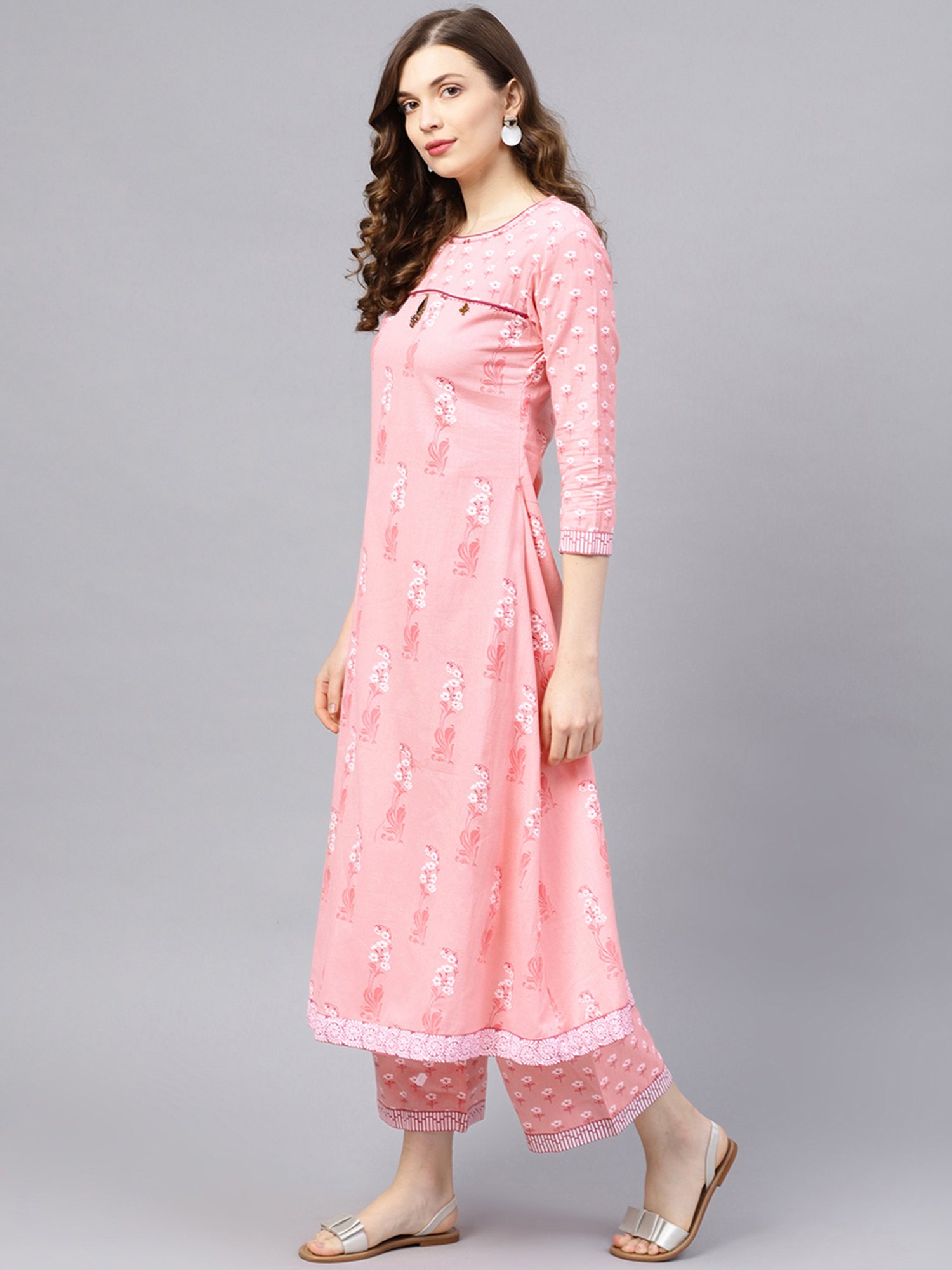 Ishin Baby Pink Cotton Floral Print Kurta Palazzo Set