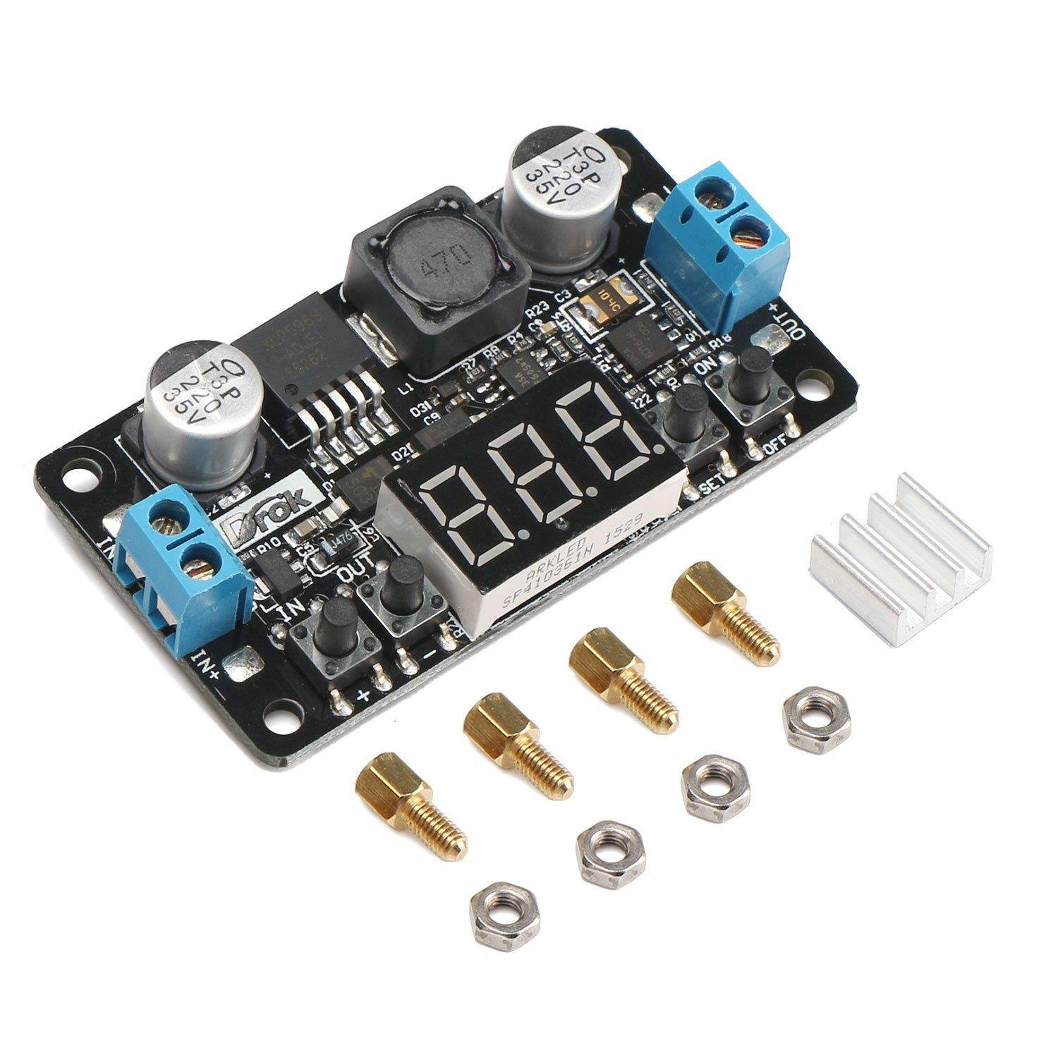 24V to 12V 5V DC Converter, DROK LM2596 Buck Power Converter 5-32V to 0-30V Step Down Adjustable Output Voltage Regulator Board Power Supply Module with LED Display Voltmeter Screw & Heatsink