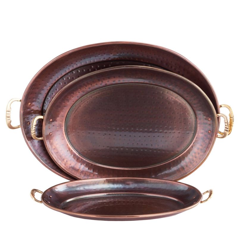 Old Dutch 3pc Steel Hammered Antique Serving Tray Set Copper