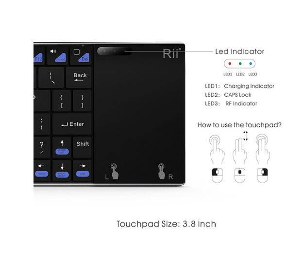 Rii Mini K12+ Stainless Steel cover wireless keyboard with large built-in touchpad and rechargable Li-ion Battery for PC, Laptop, Raspberry PI 2, Smart TV, IPTV, Android Box.