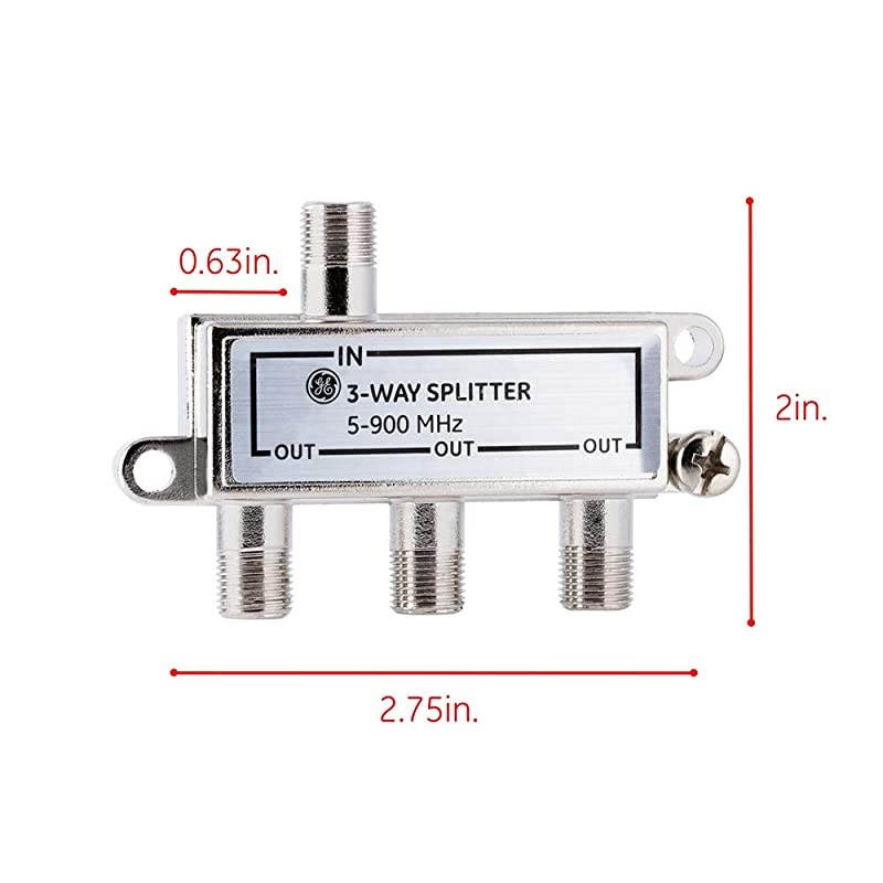 3-Way Coaxial Cable Splitter, 5-900 MHZ Ran, RG59 RG6 Coax Compatible, Audio, Video, Works with HD TV, Cable, Amplifiers, Amplified Antennas, Nickel, Corrosion Resistant, 35048