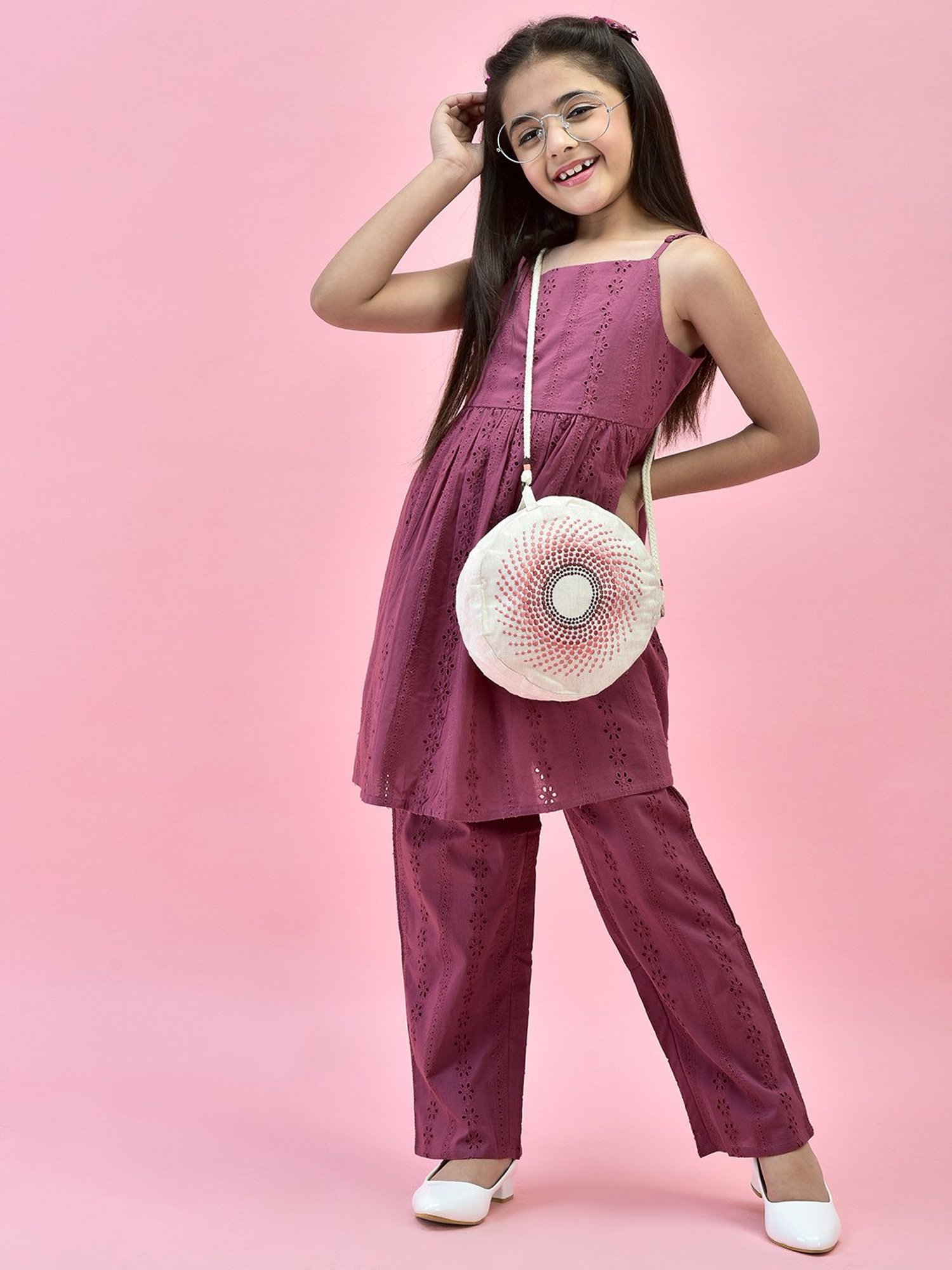 Juniper Girls Wine Self Design Kurta With Pants