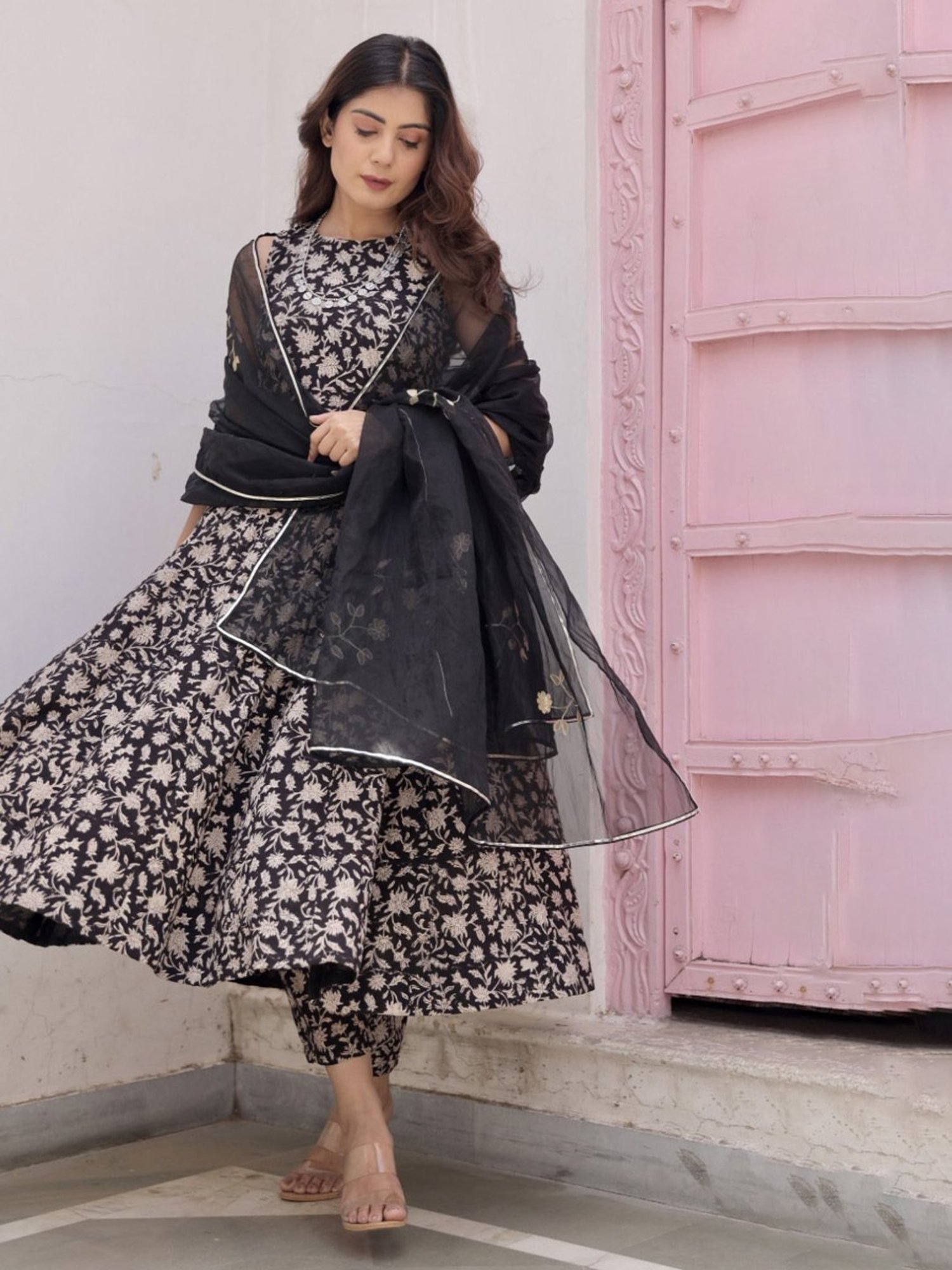 Asrumo Black Sukoon Summer Jaal Cotton Anarkali Kurta with Pant and Organza Gota Work Dupatta Set