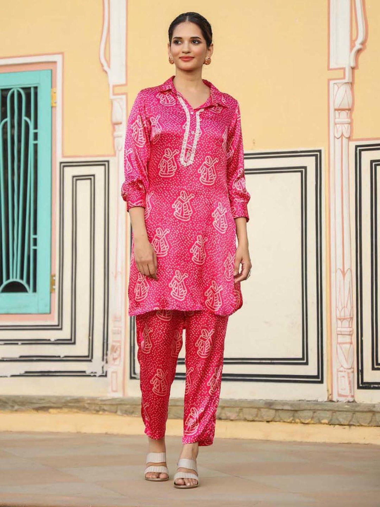 SCAKHI Rani Pink Printed Tunic Pant Set