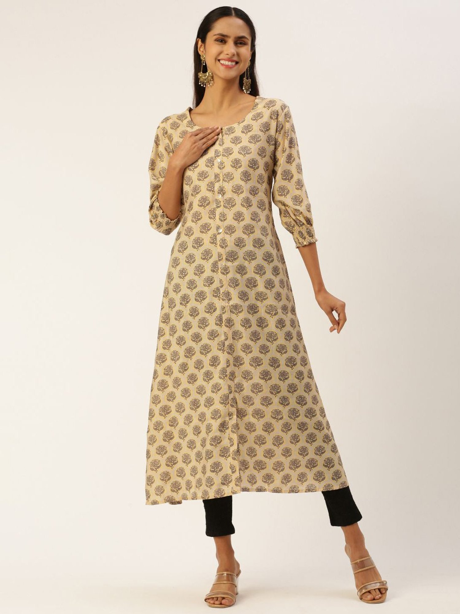 SHANVIKA Beige Printed Cotton Silk A Line Kurta