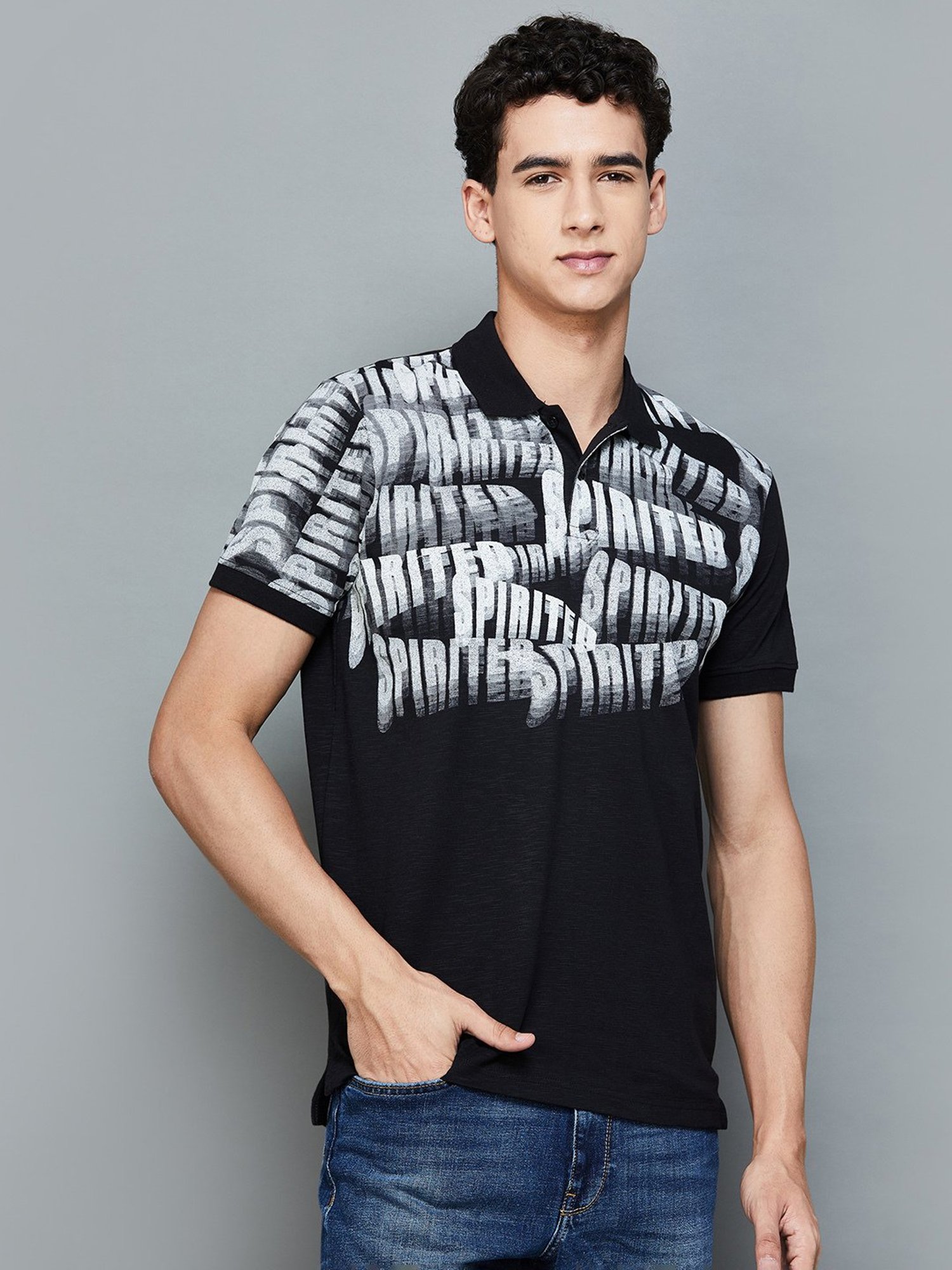 Forca by Lifestyle Black Regular Fit Printed Polo T-Shirt