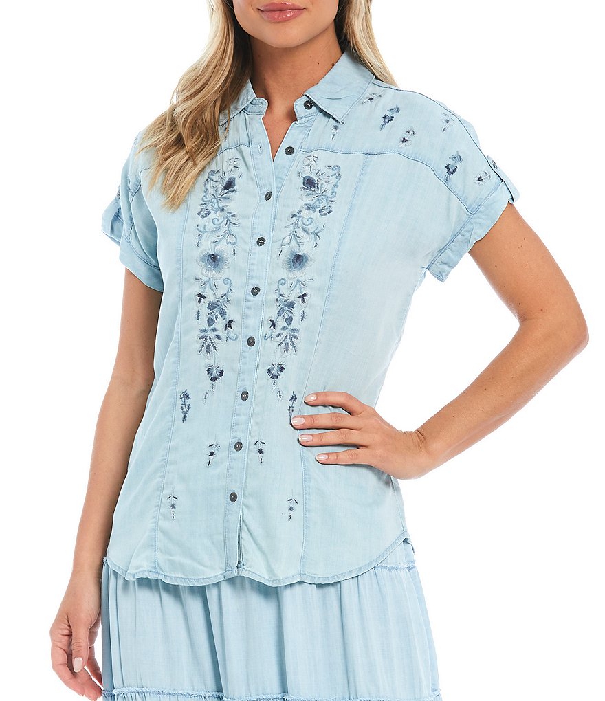 Reba Chambray Button Front Multi Color Embroidered Coordinating Top