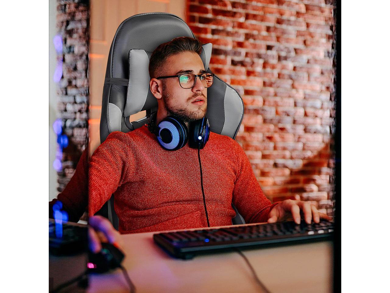 Weekan Gaming Chair Pu Leather Ergonomic Desk Racing Chair Height Adjustable Office Recliner With Removable Headrest Pillow and Massage Lumbar Cushion,Gray