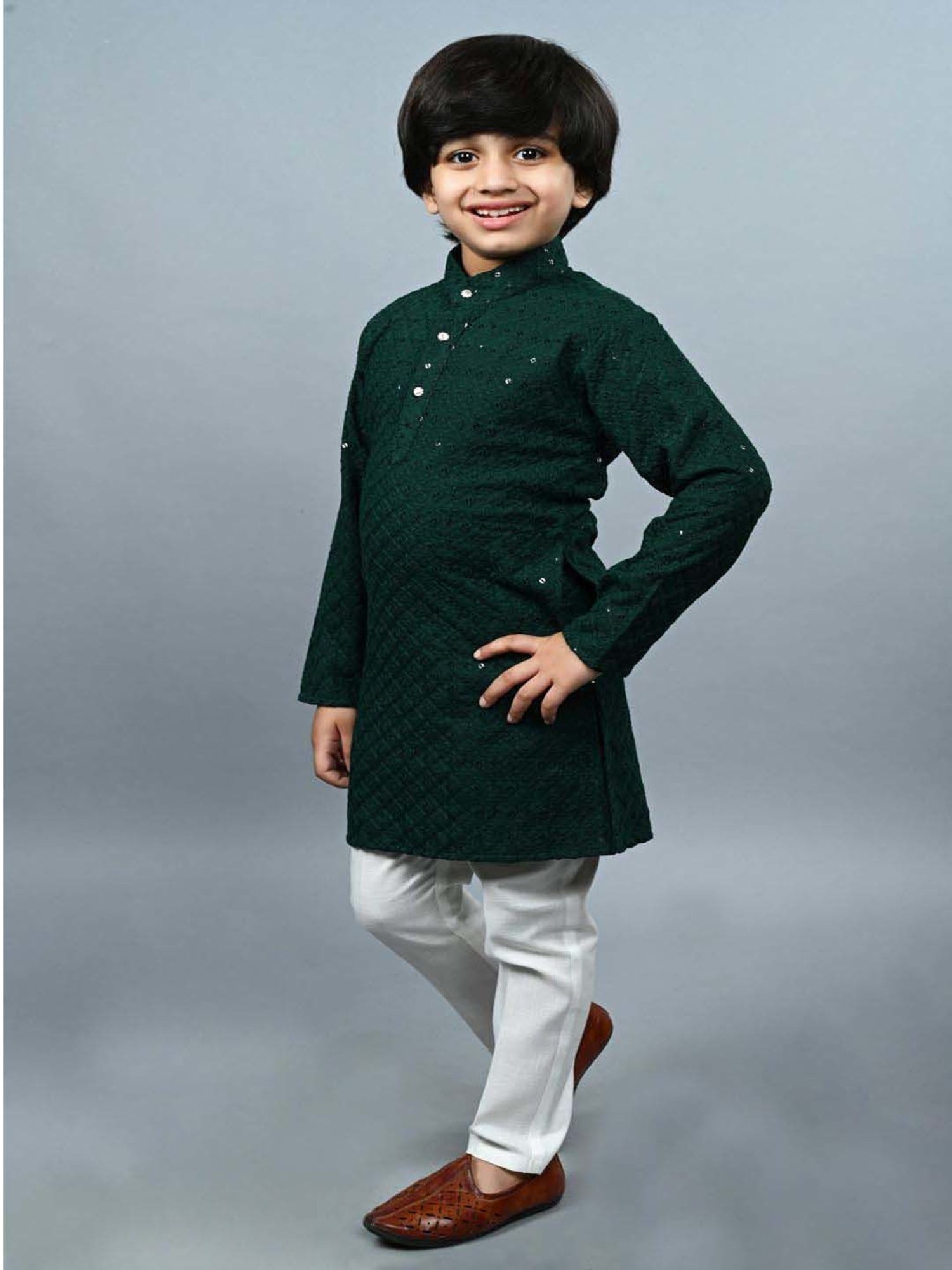 Ahhaaaa Kids Green Cotton Embellished Full Sleeves Kurta Set