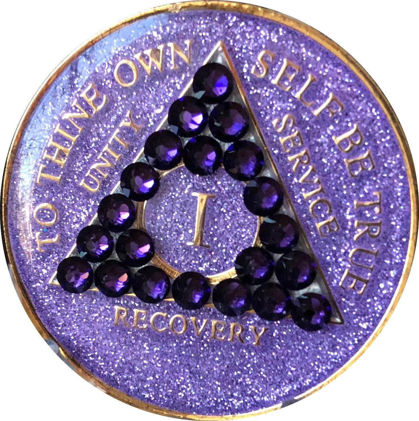 1 Year AA Medallion Purple Glitter With Swarovski Crystal Purple Velvet Chip