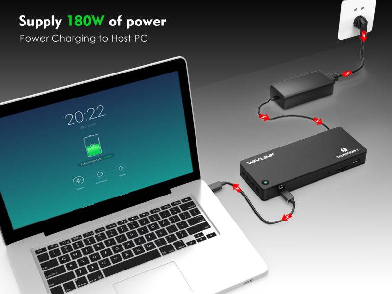 WAVLINK Thunderbolt 3 Dock-180W DC Power Adapter (85W Charging) Dual 4K@60Hz Display,2X Thunderbolt 3 up to 40Gb/s, DP1.2, 4X USB 3.0 Ports, SD Card Slot, LAN for Mac/Windows Thunderbolt 3 Laptops PC