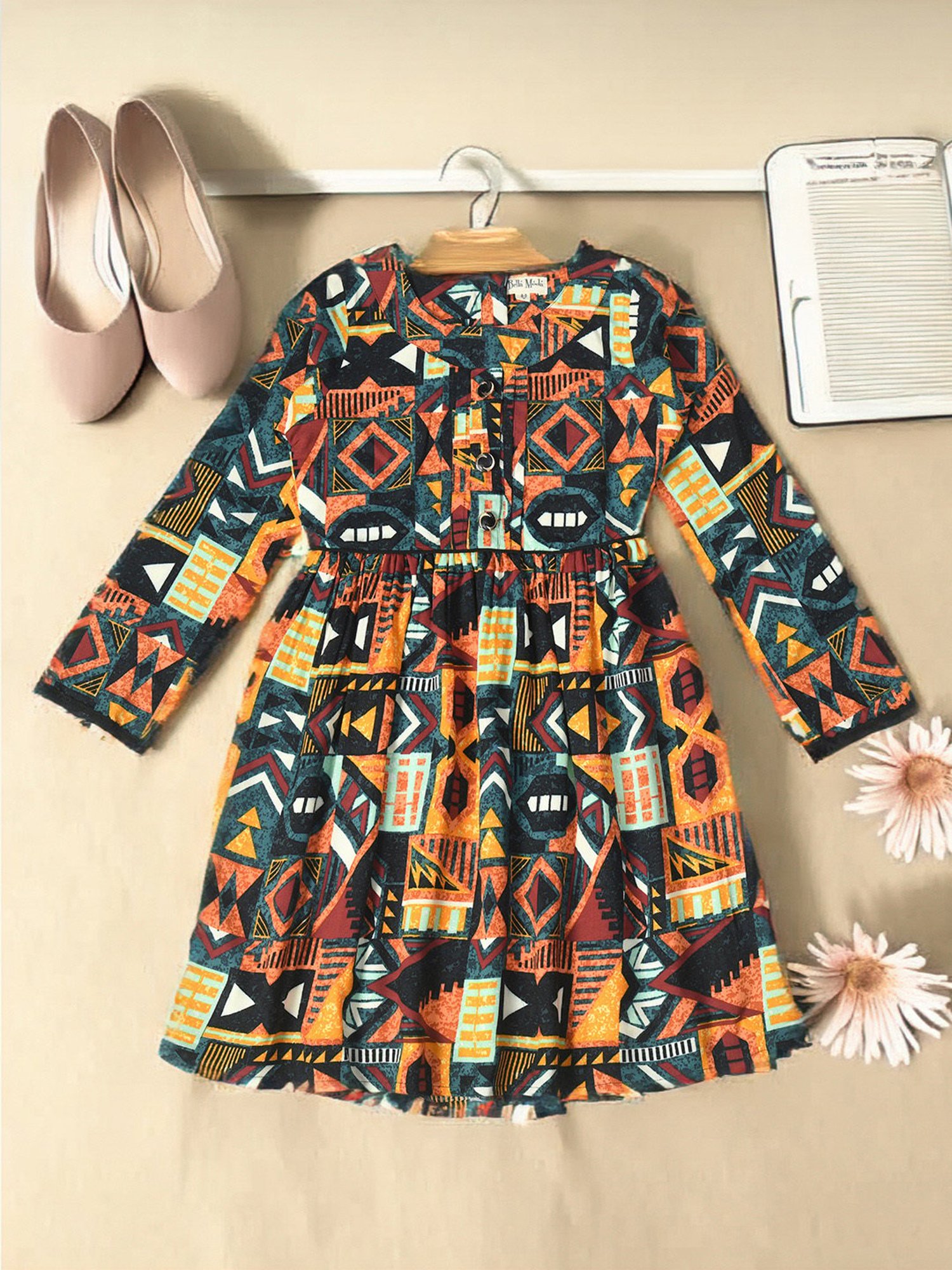 Bella Moda Kids Multicolor Printed Full Sleeves Fit & Flare Dress