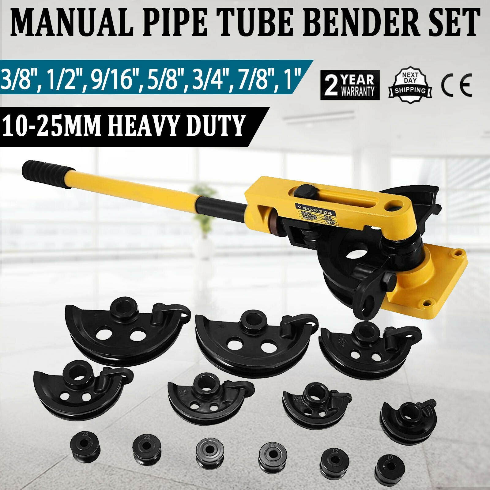 Manual pipe tube bender set 3/8", 1/2", 9/16", 5/8", 3/4", 7/8", 1" W/ 7 Dies US