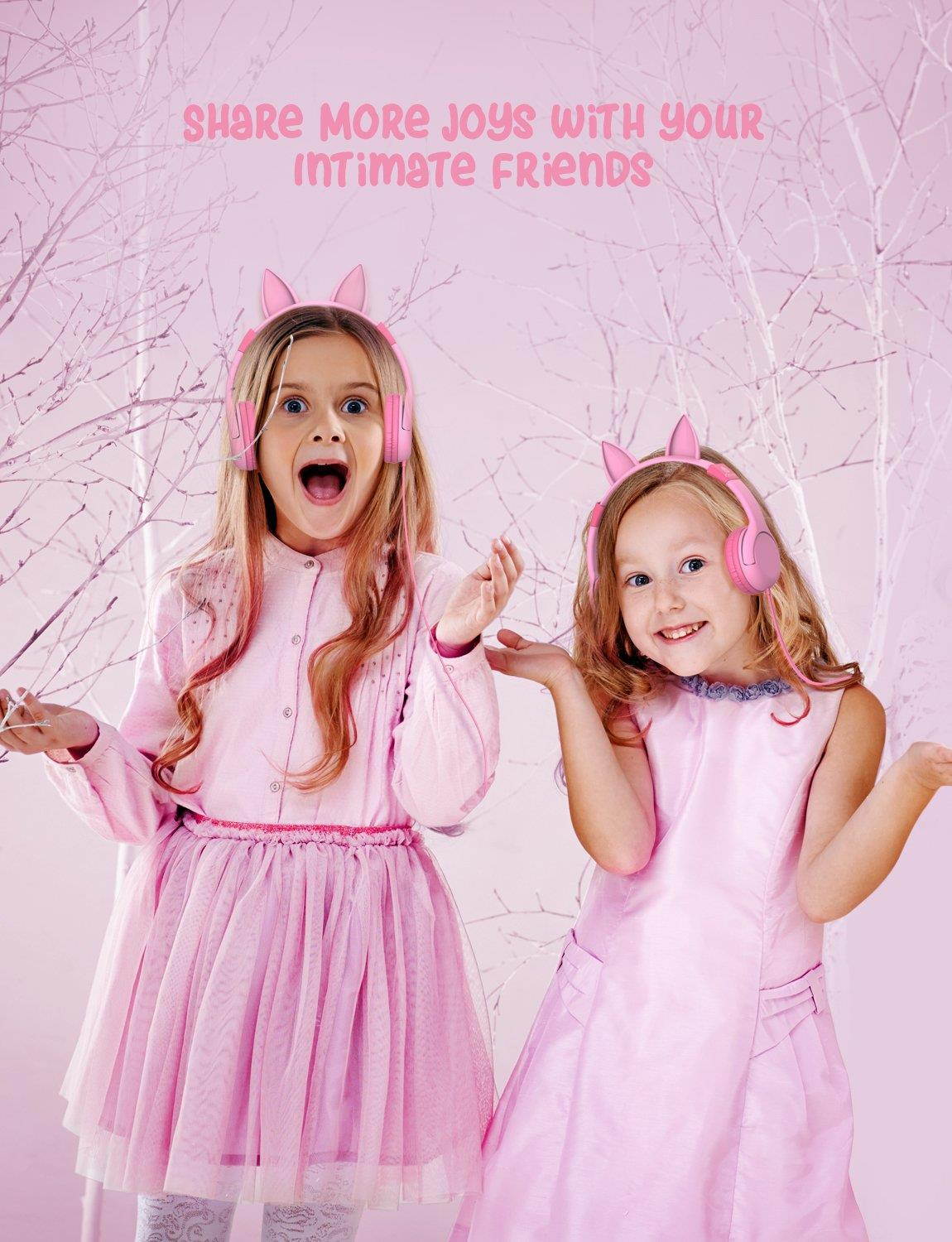 iClever Kids Headphones Girls - Cat-Inspired Wired On-Ear Headphones for Kids, 85dB Volume Limiting, Food Grade Silicone, Lightweight, 3.5mm Jack - Comfortable Children Headphones for Kids, Pink