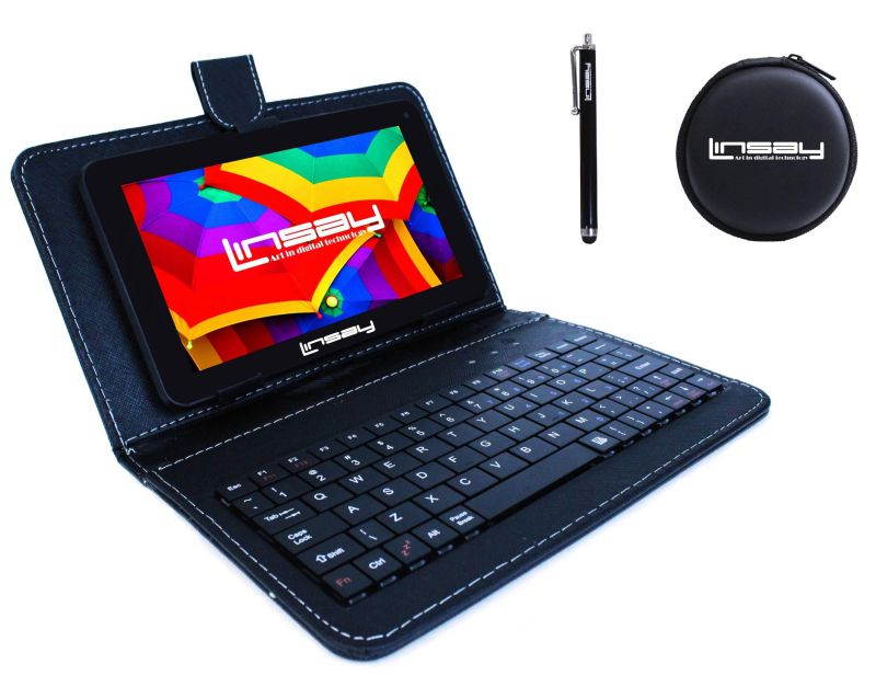 LINSAY&reg; 7" Super Bundle 1024x600 HD Quad Core Dual Camera 2GB ram 16GB Android 10 Tablet with Black Keyboard Earphones and Pen