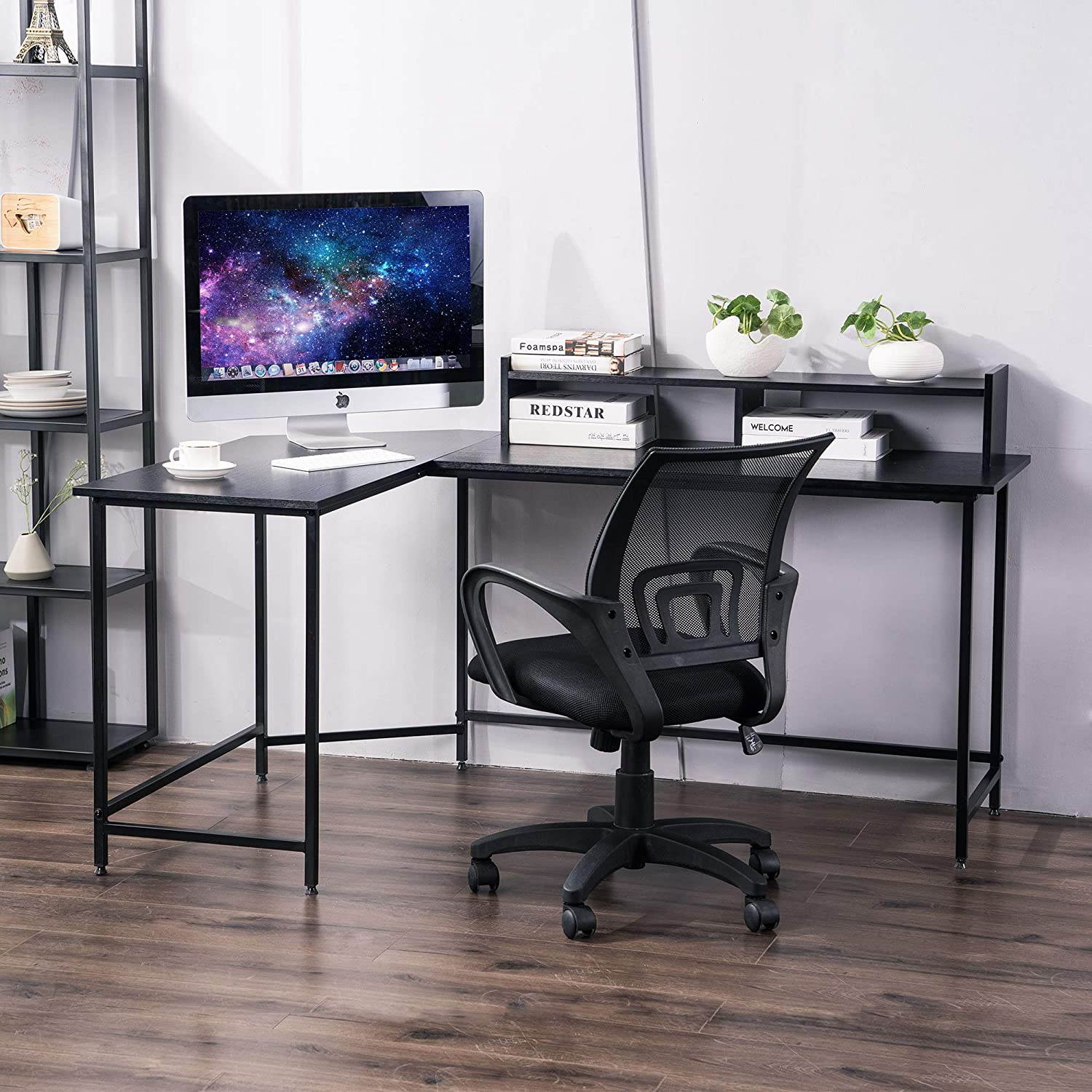 L-Shaped Corner Desk Computer Gaming Desk with Monitor Stand Riser,Home Office Writing Workstation, Black, 63 x 44 inch (Black)