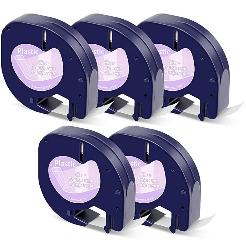 Compatible for Dymo LetraTag Refills Clear 16952, Dymo LetraTag Plastic Tape Black on Clear 12mm x 4m (1/2 in x 13 ft) Compatible with Dymo LetraTag LT-100H, LT-100T QX50 Label Makers, 5 PK
