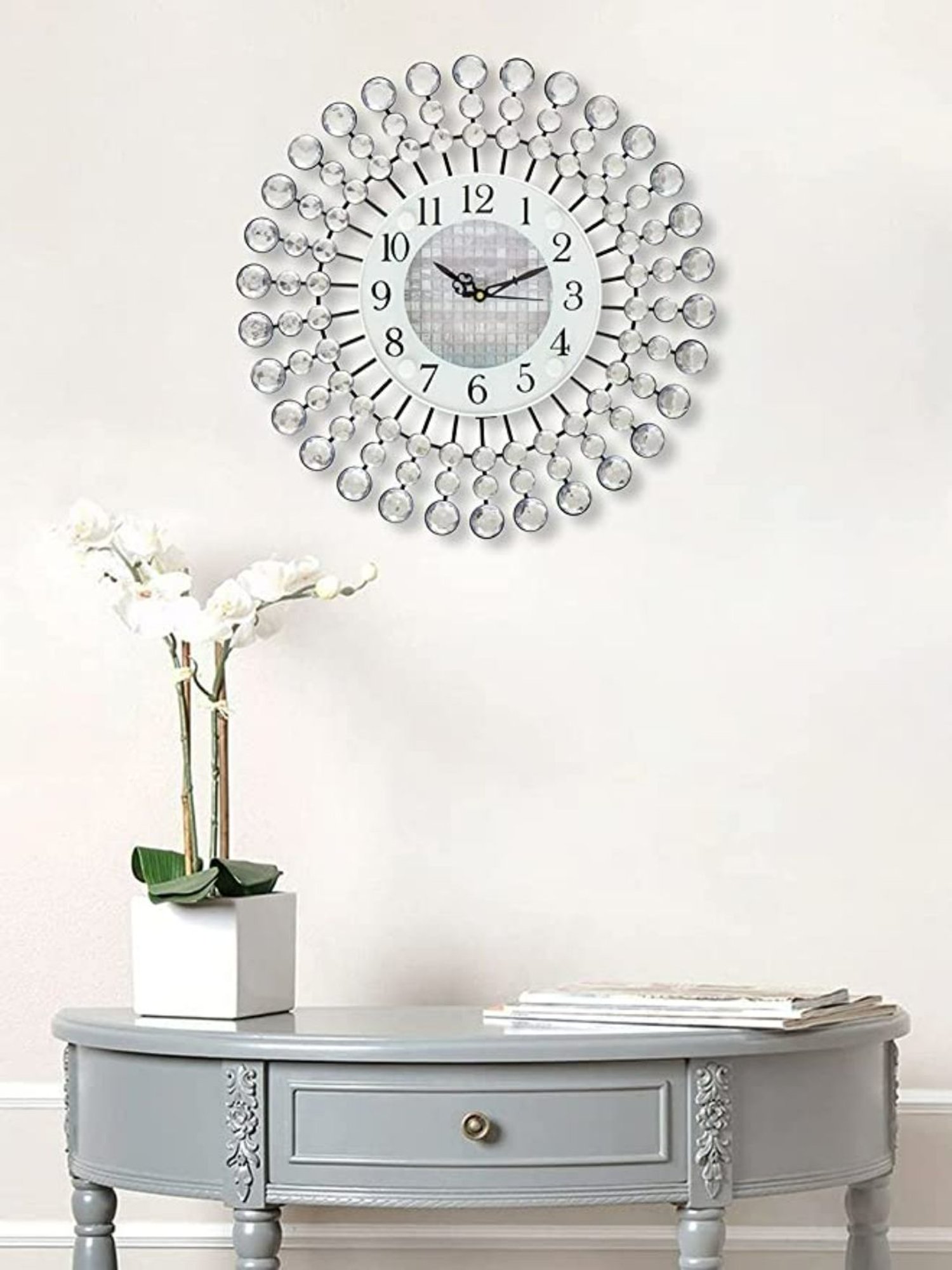 CHRONIKLE Round Embellished Silver Iron Wall Clock