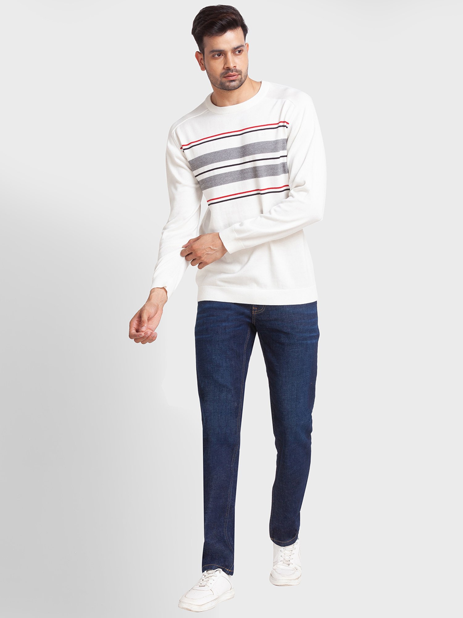 ColorPlus White Cotton Tailored Fit Striped Sweaters